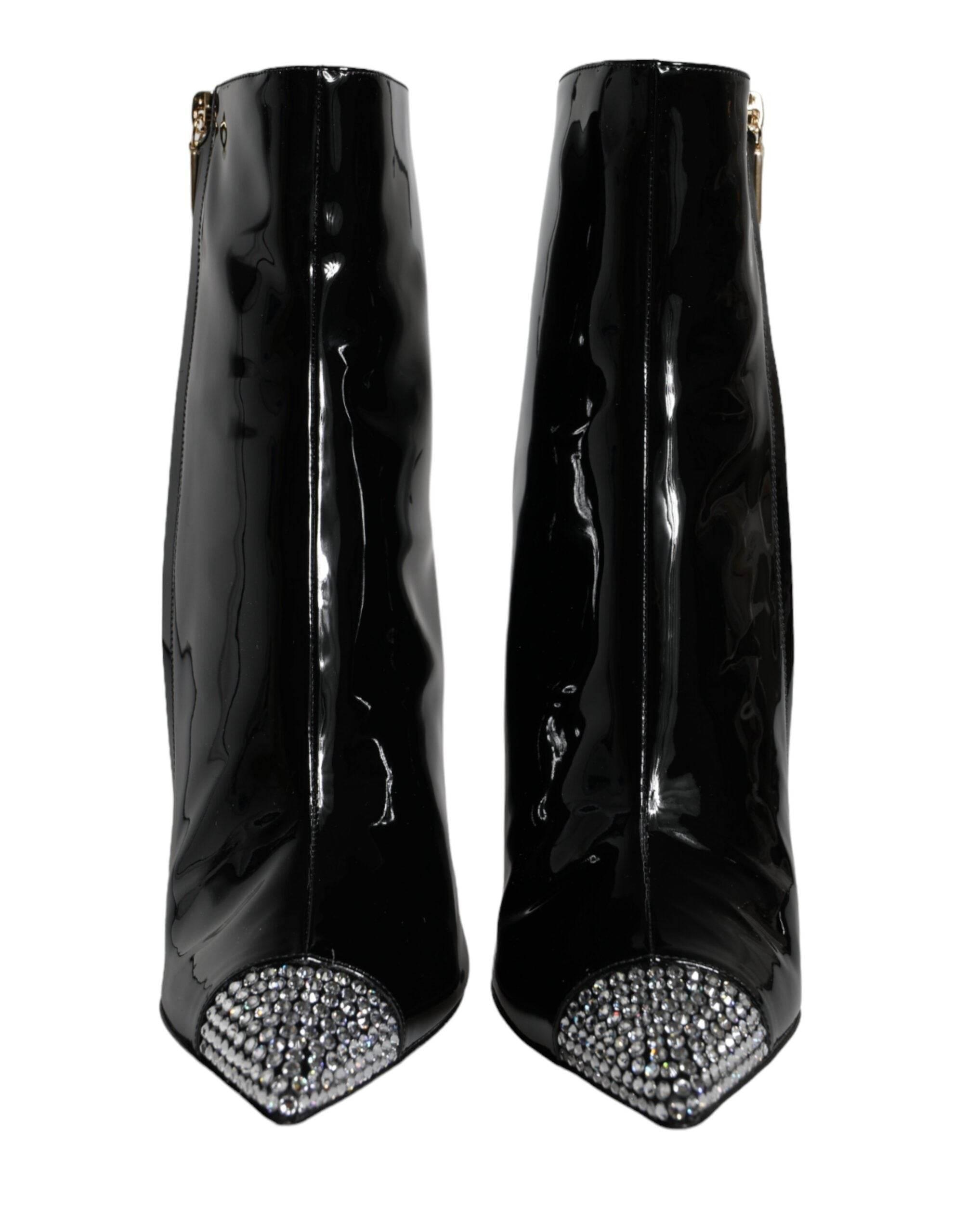Dolce & Gabbana Black Patent Leather Crystal Heel Boots Shoes - Hilstor