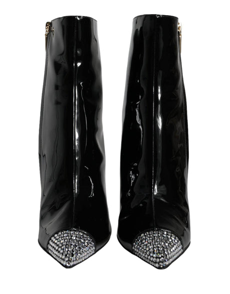 Dolce & Gabbana Black Patent Leather Crystal Heel Boots Shoes - Hilstor