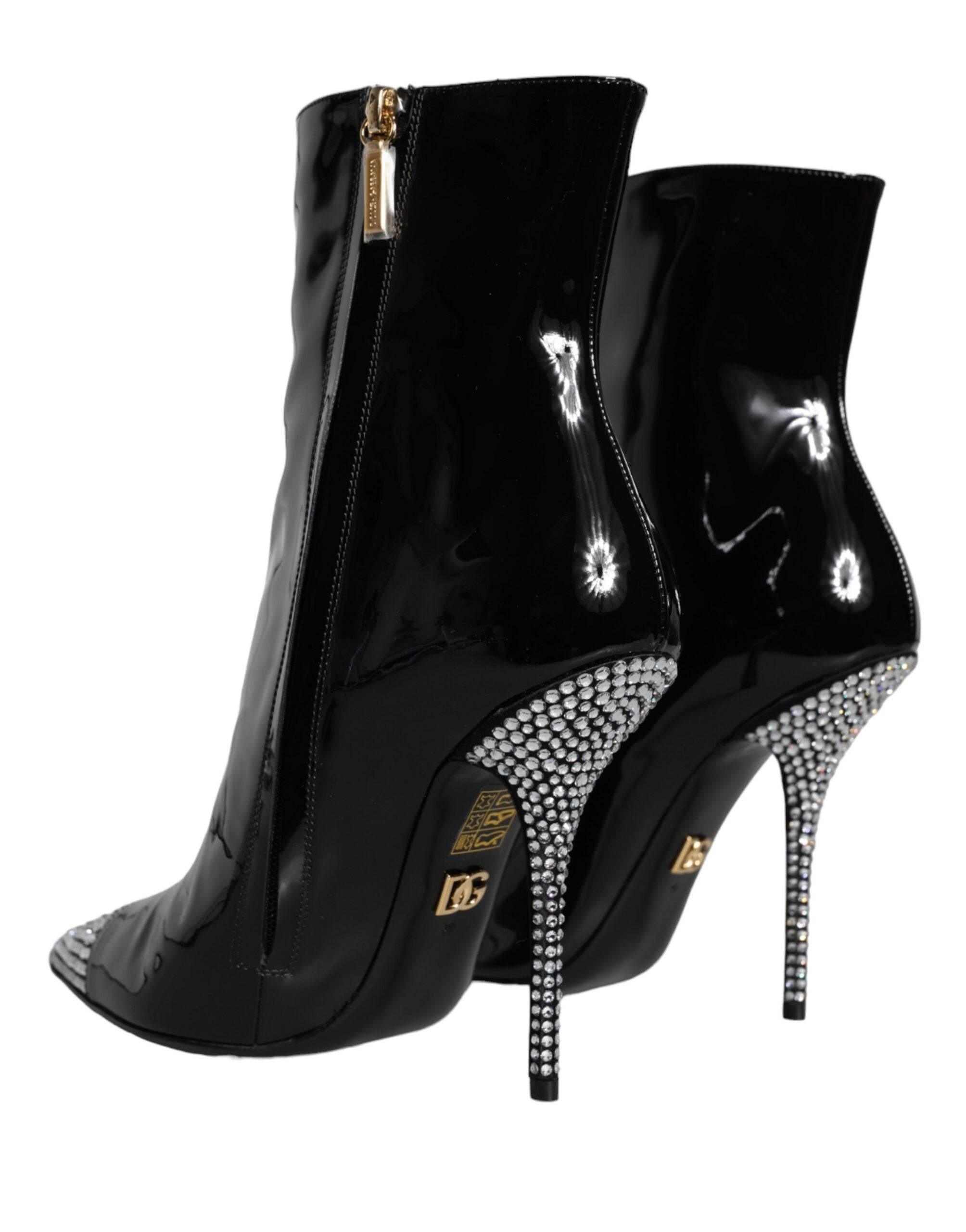 Dolce & Gabbana Black Patent Leather Crystal Heel Boots Shoes - Hilstor
