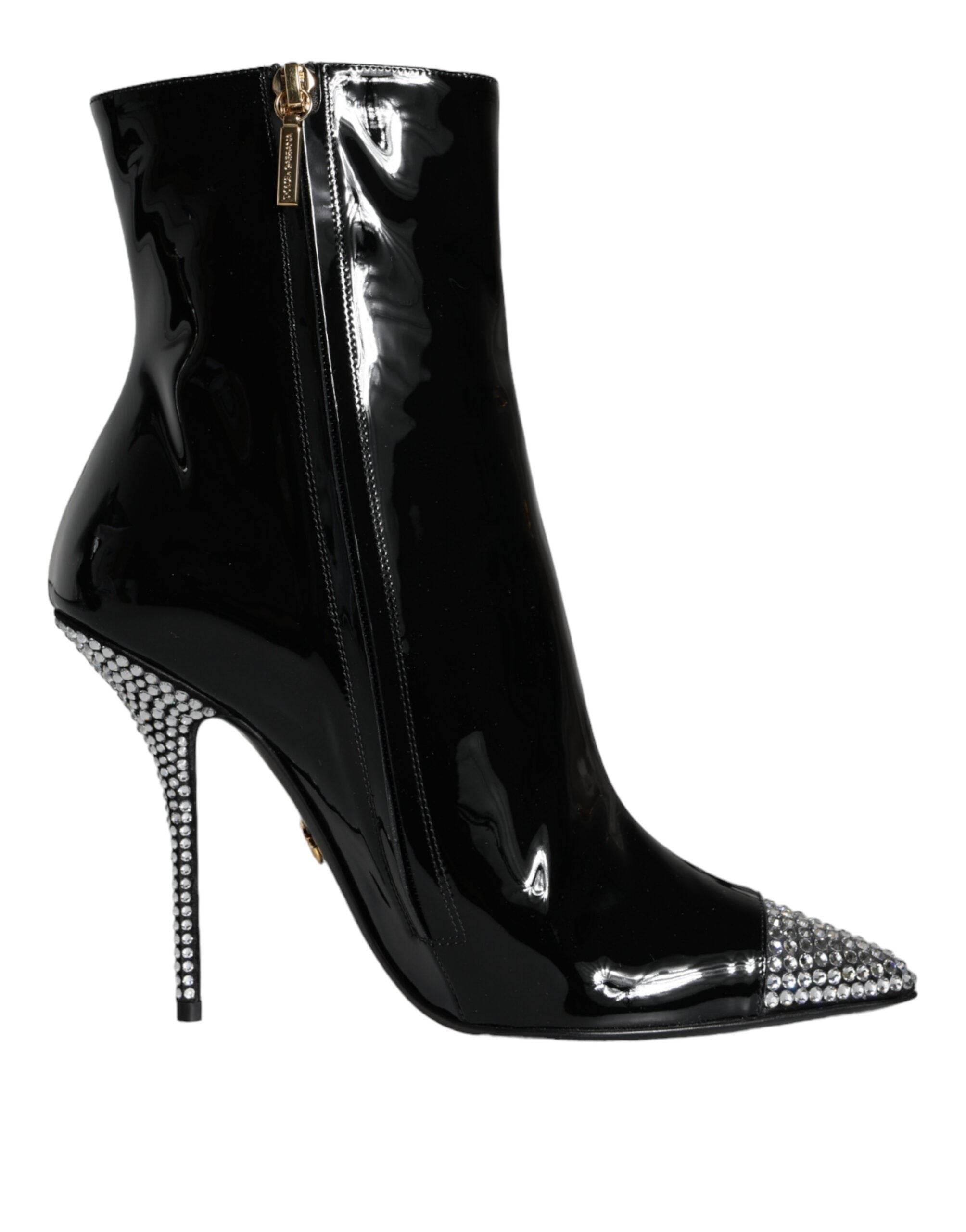 Dolce & Gabbana Black Patent Leather Crystal Heel Boots Shoes - Hilstor