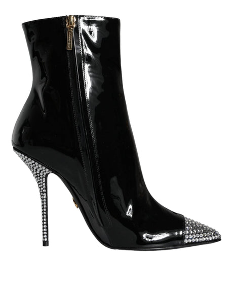 Dolce & Gabbana Black Patent Leather Crystal Heel Boots Shoes - Hilstor
