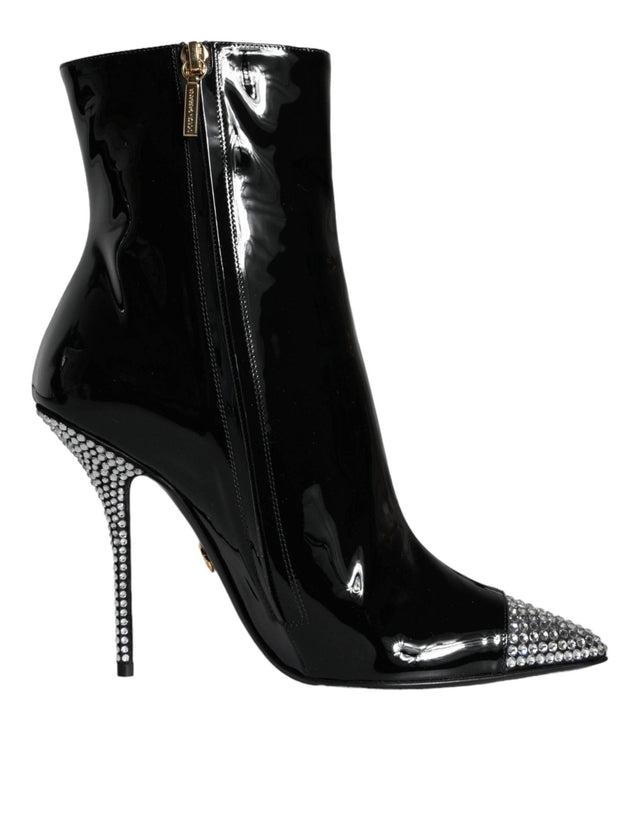 Dolce & Gabbana Black Patent Leather Crystal Heel Boots Shoes - Hilstor