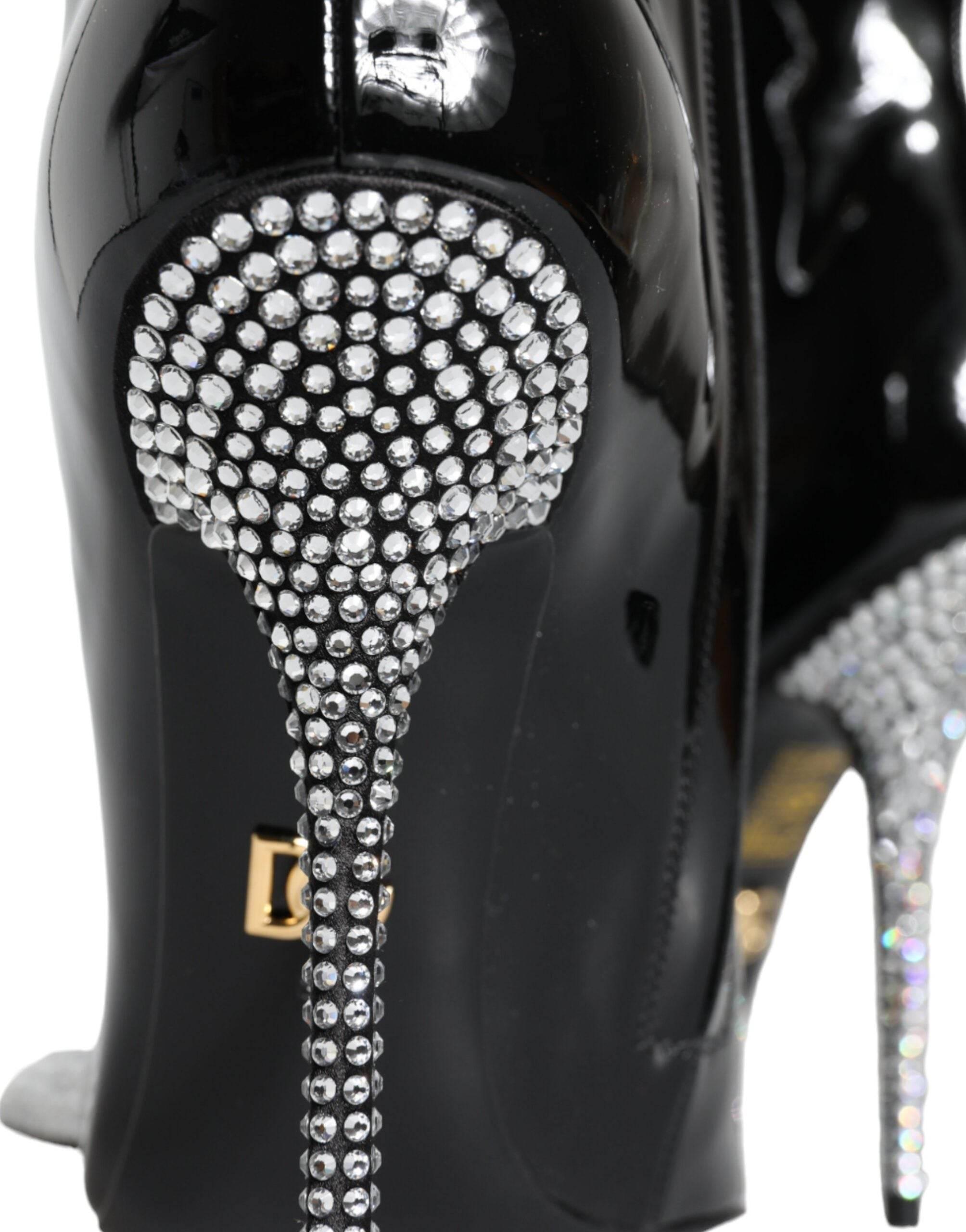 Dolce & Gabbana Black Patent Leather Crystal Heel Boots Shoes - Hilstor