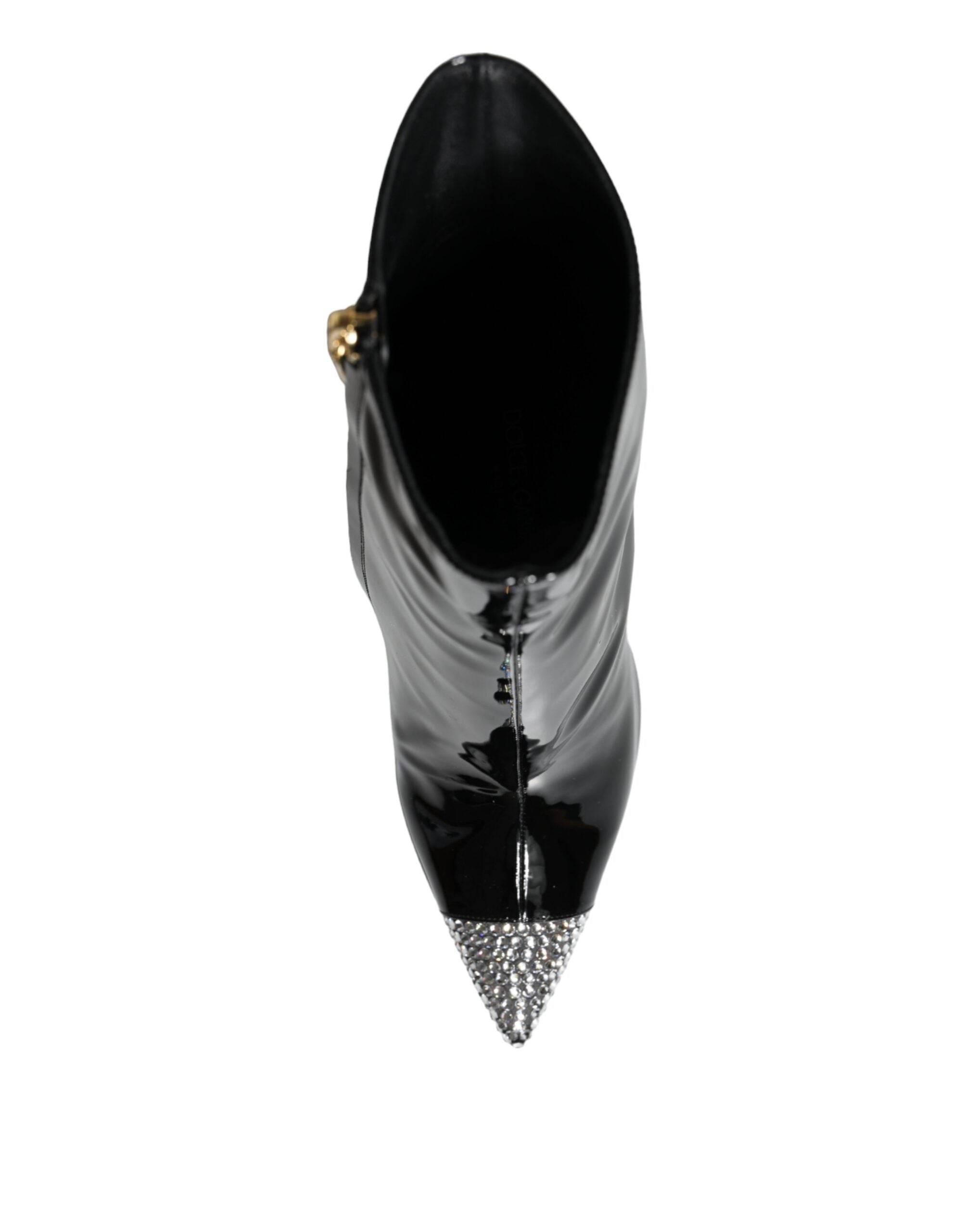 Dolce & Gabbana Black Patent Leather Crystal Heel Boots Shoes - Hilstor