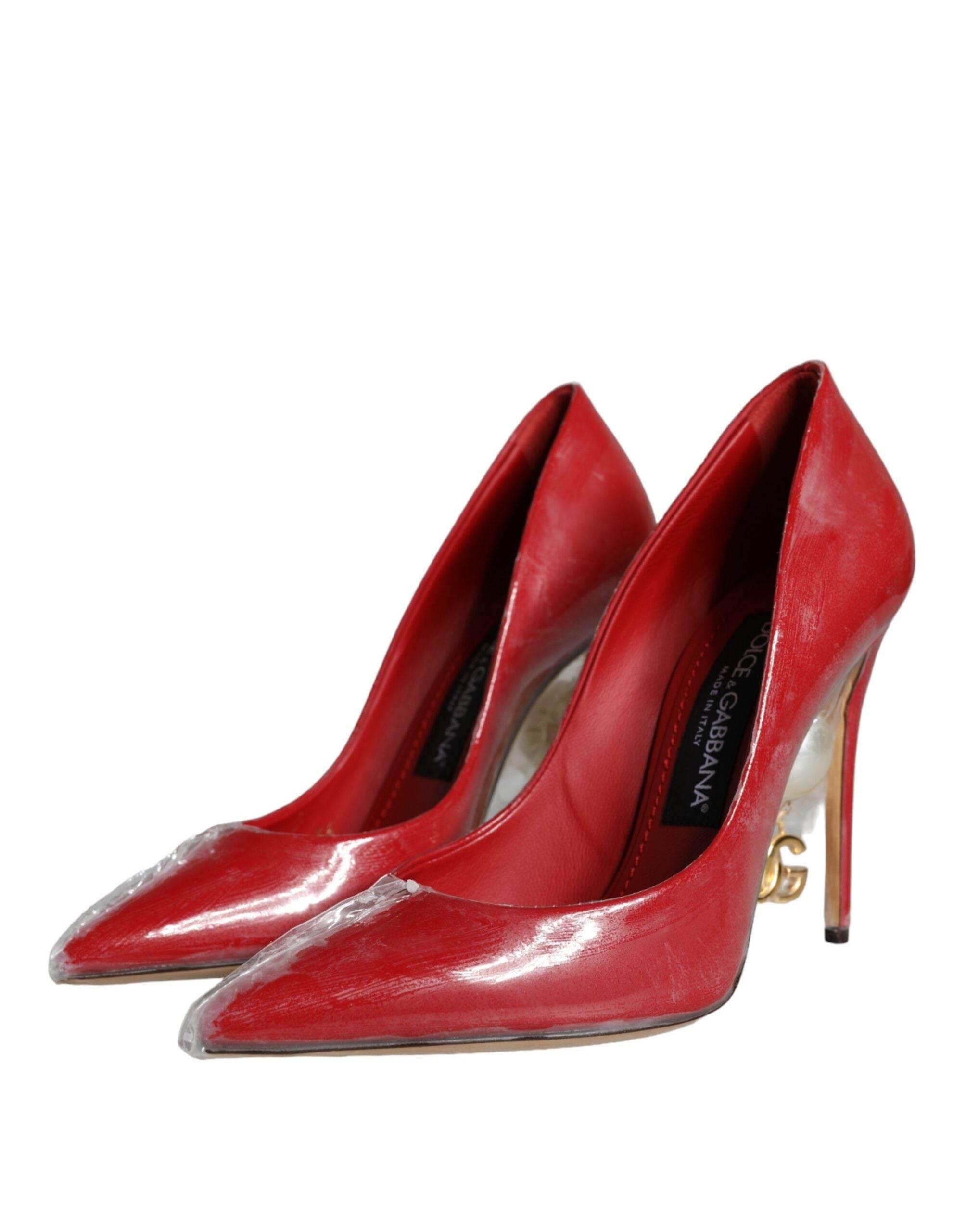 Dolce & Gabbana Red Patent Leather Faux Pearl Heels Pumps Shoes - Hilstor