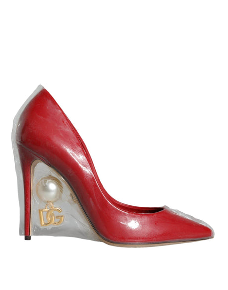 Dolce & Gabbana Red Patent Leather Faux Pearl Heels Pumps Shoes - Hilstor