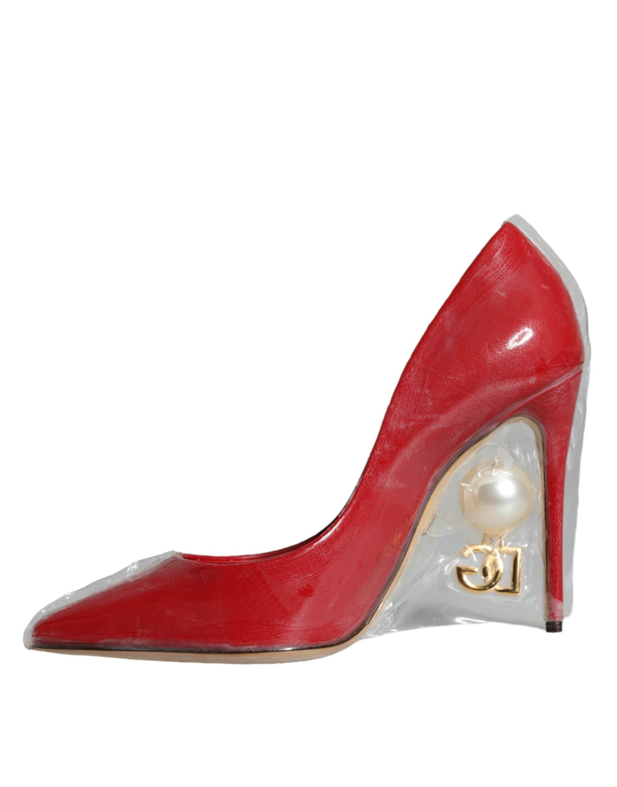 Dolce & Gabbana Red Patent Leather Faux Pearl Heels Pumps Shoes - Hilstor