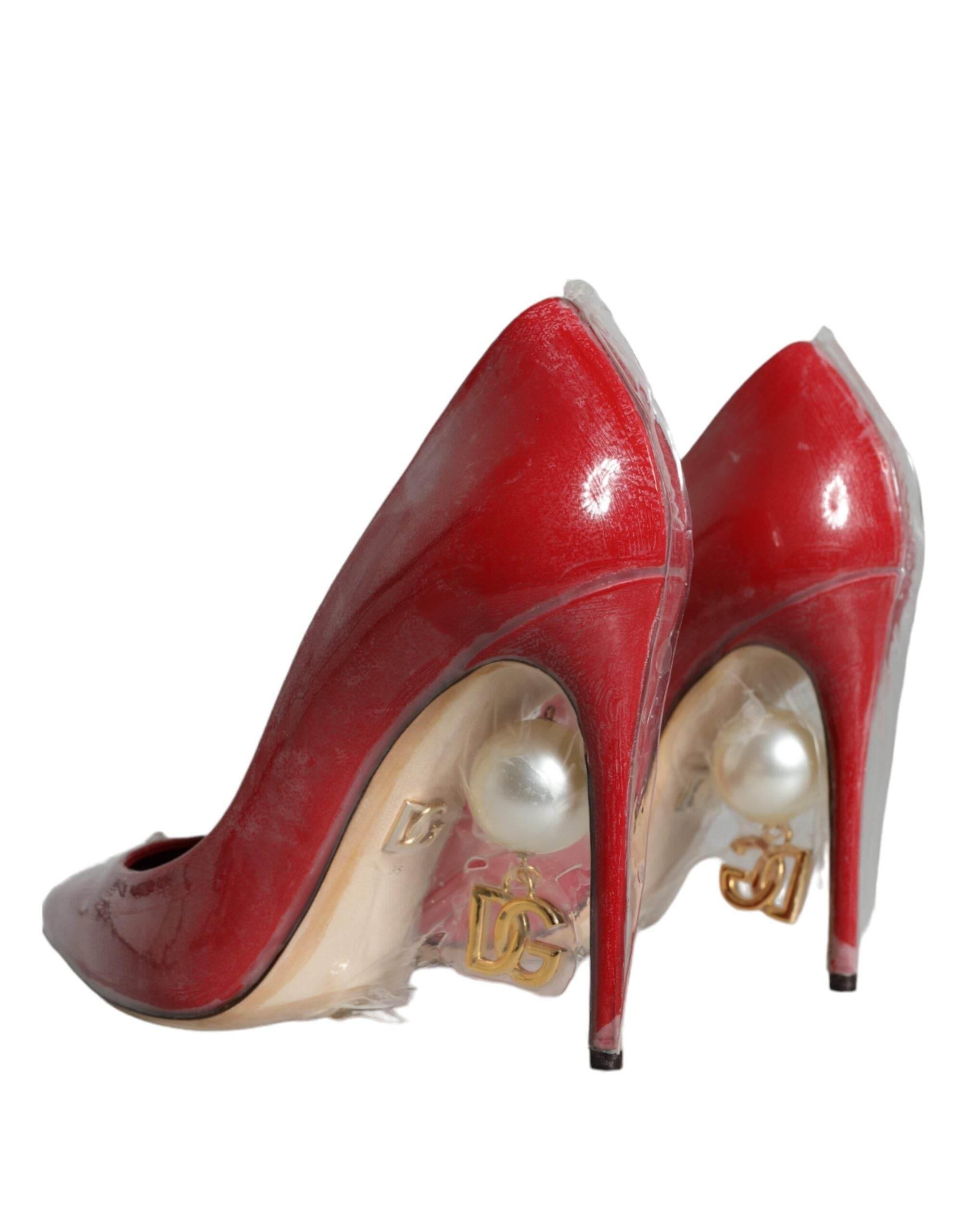 Dolce & Gabbana Red Patent Leather Faux Pearl Heels Pumps Shoes - Hilstor