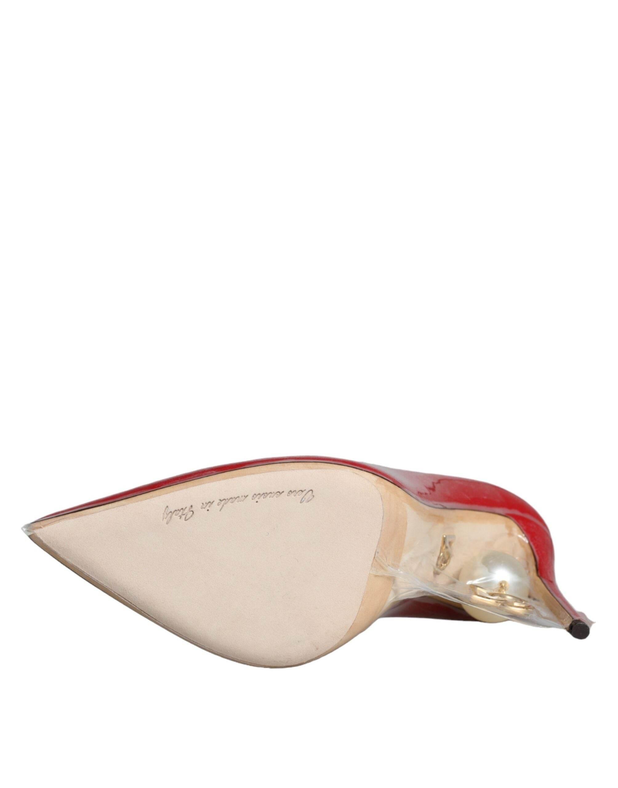 Dolce & Gabbana Red Patent Leather Faux Pearl Heels Pumps Shoes - Hilstor