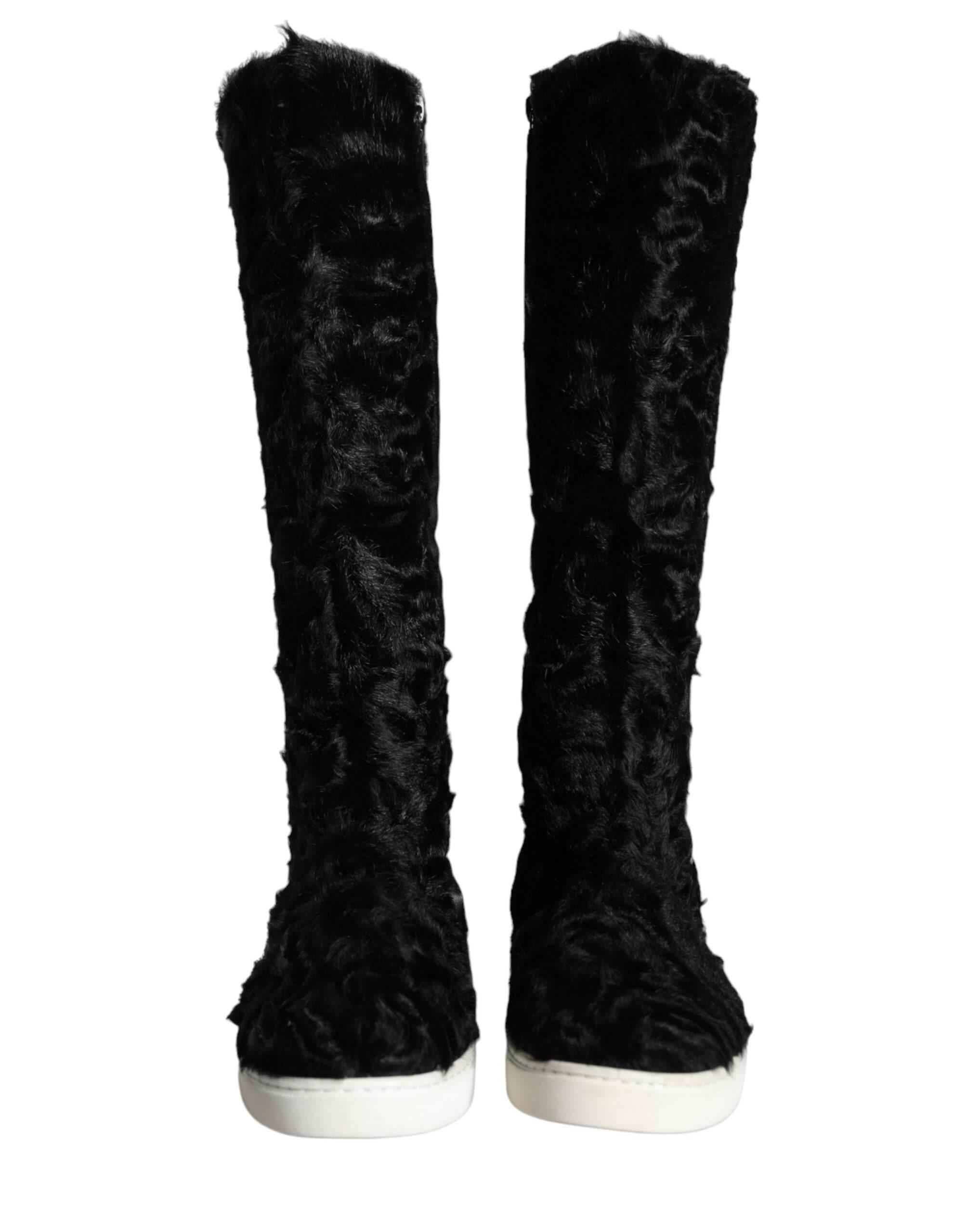 Dolce & Gabbana Black Xiangao Lamb Fur Leather Boots Shoes - Hilstor