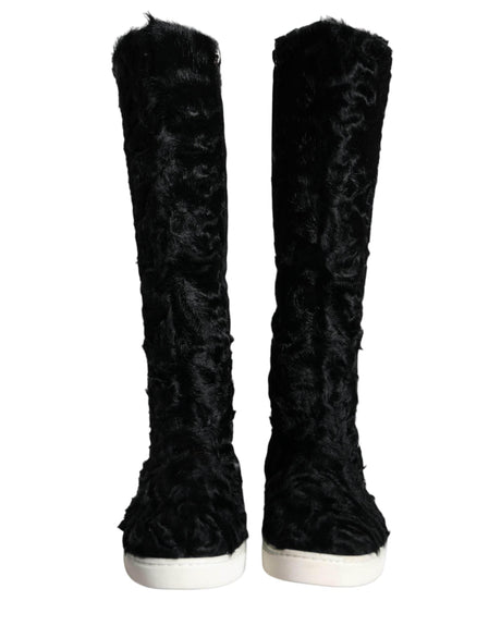 Dolce & Gabbana Black Xiangao Lamb Fur Leather Boots Shoes - Hilstor