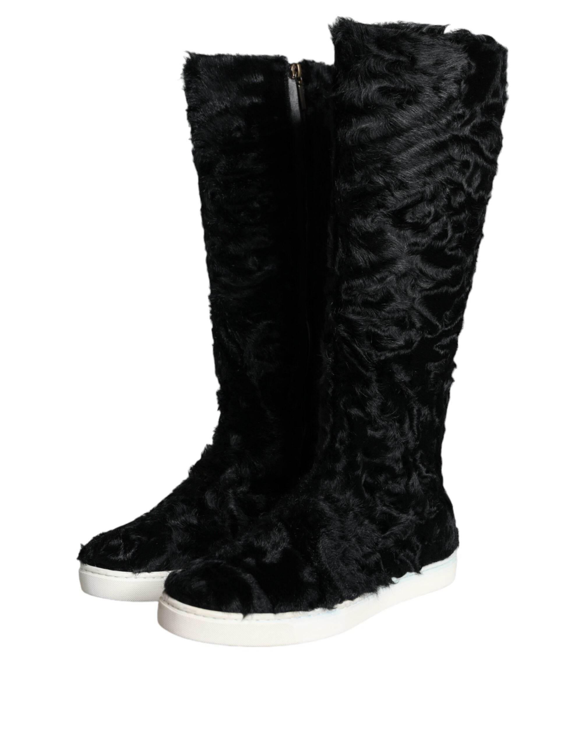 Dolce & Gabbana Black Xiangao Lamb Fur Leather Boots Shoes - Hilstor