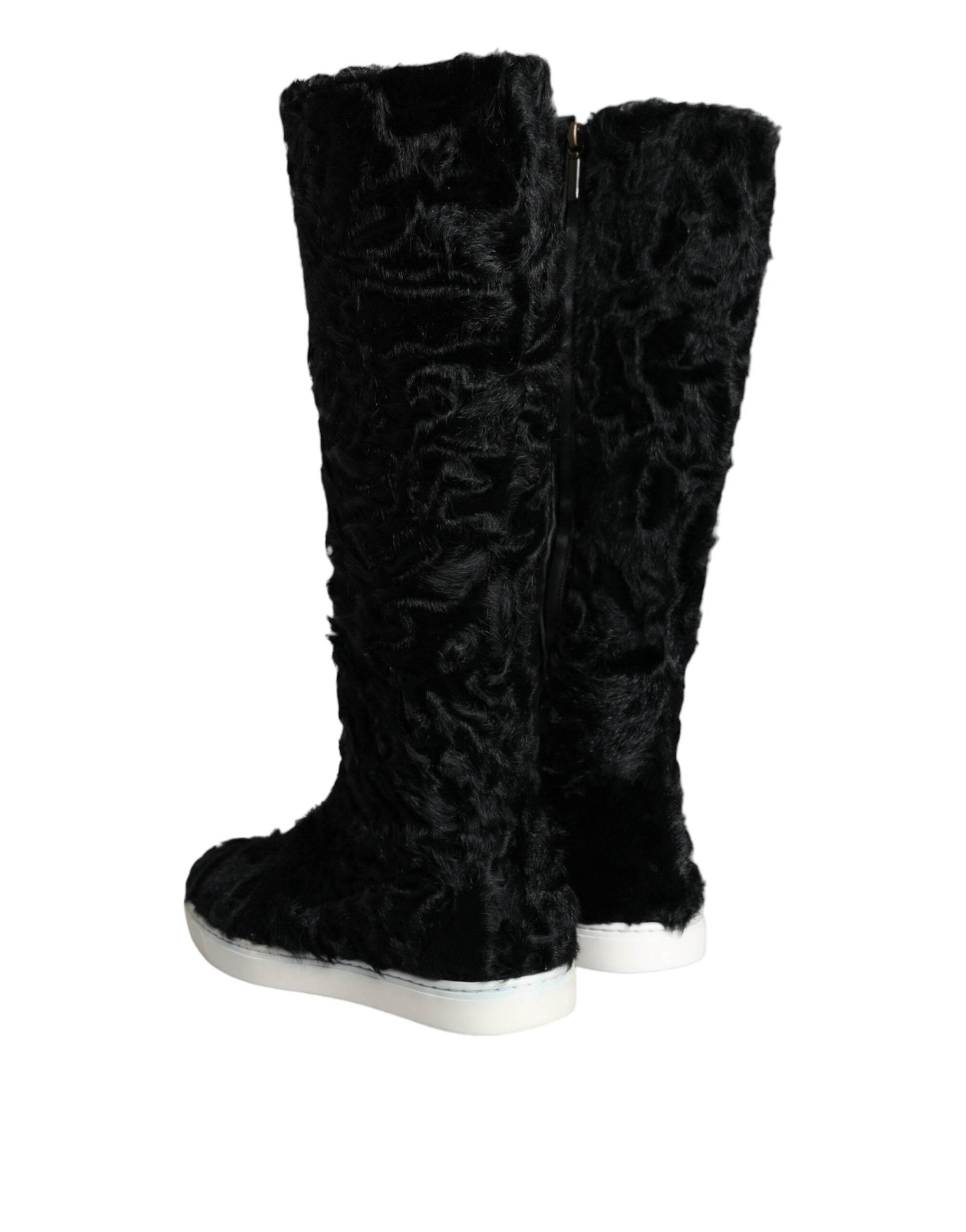 Dolce & Gabbana Black Xiangao Lamb Fur Leather Boots Shoes - Hilstor