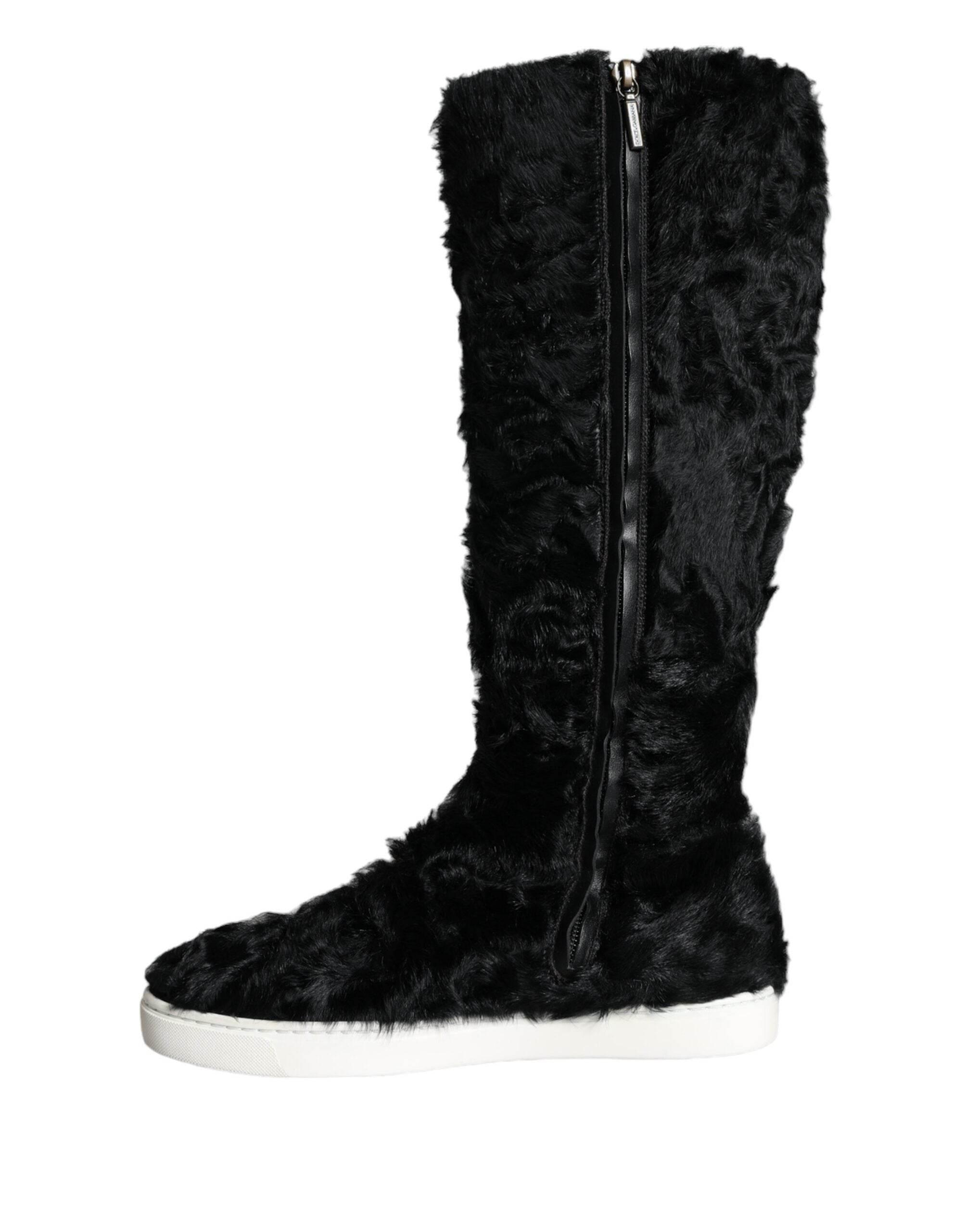 Dolce & Gabbana Black Xiangao Lamb Fur Leather Boots Shoes - Hilstor