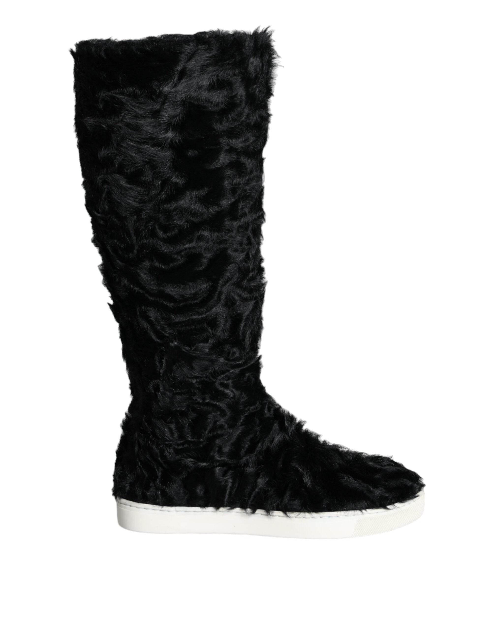 Dolce & Gabbana Black Xiangao Lamb Fur Leather Boots Shoes - Hilstor