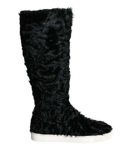 Dolce & Gabbana Black Xiangao Lamb Fur Leather Boots Shoes - Hilstor