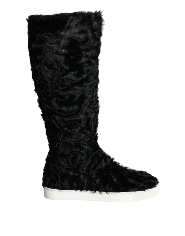 Dolce & Gabbana Black Xiangao Lamb Fur Leather Boots Shoes - Hilstor