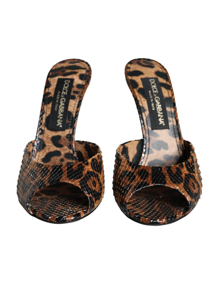 Dolce & Gabbana Brown Leopard Leather Slides Heels Sandals Shoes - Hilstor