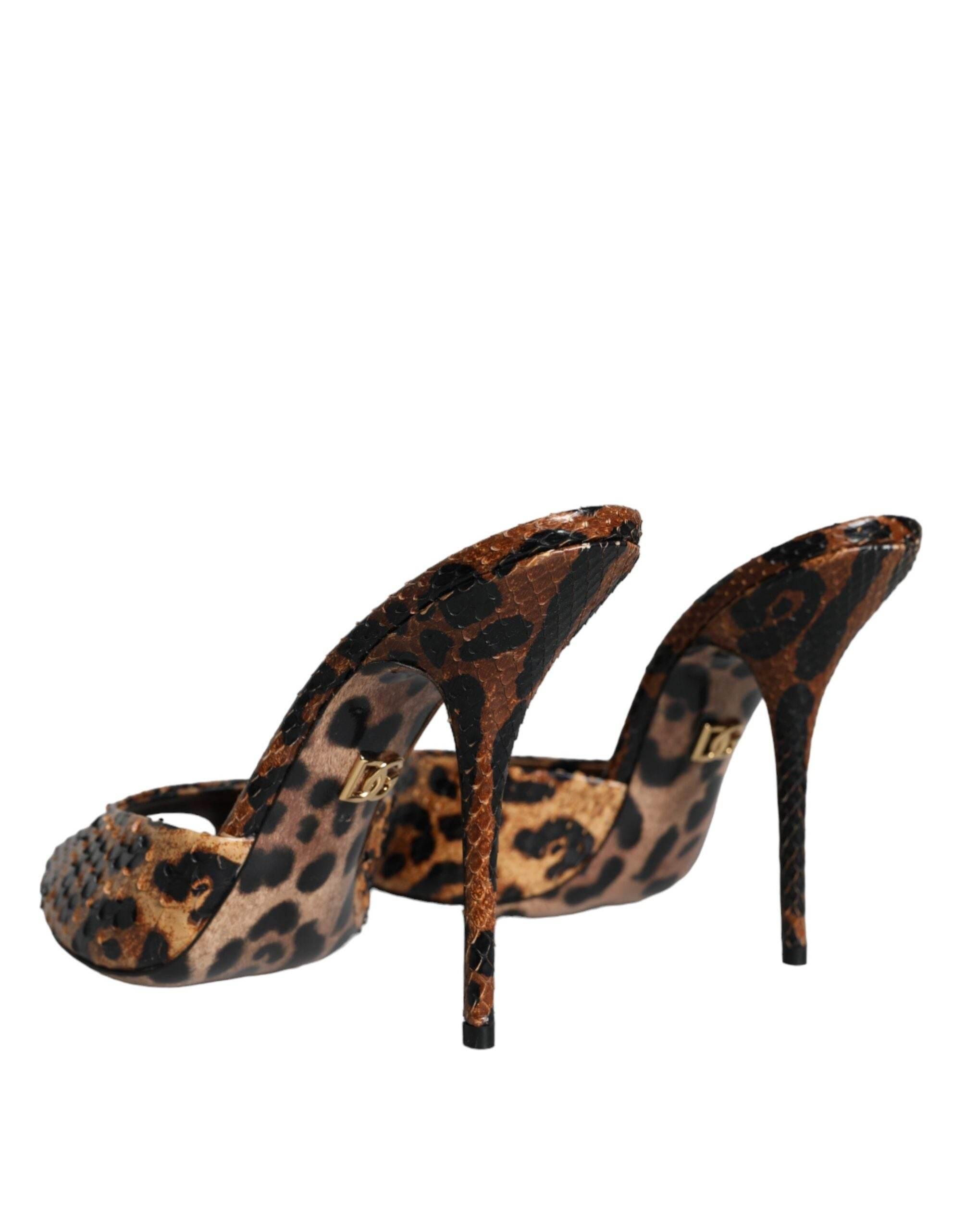Dolce & Gabbana Brown Leopard Leather Slides Heels Sandals Shoes - Hilstor