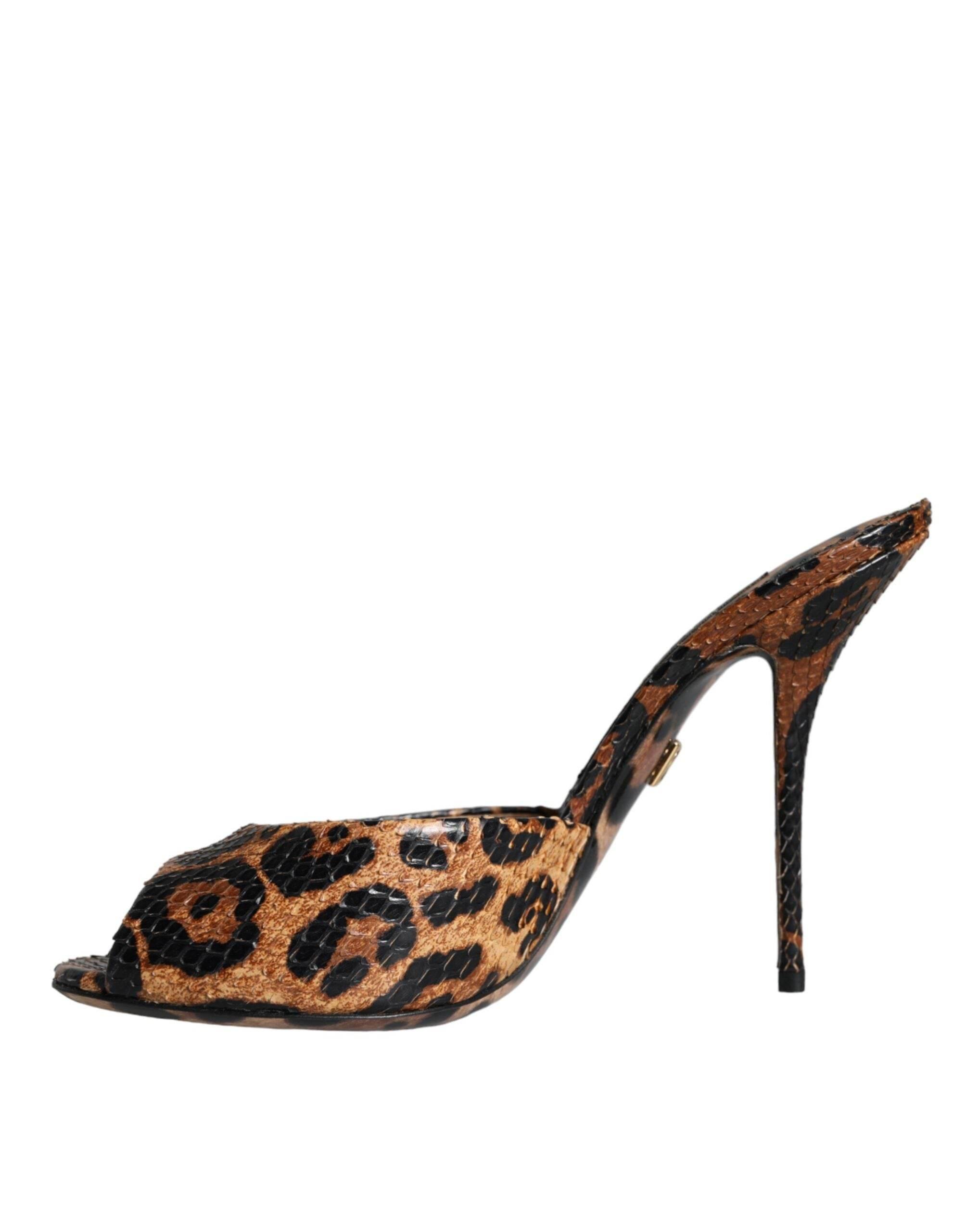 Dolce & Gabbana Brown Leopard Leather Slides Heels Sandals Shoes - Hilstor