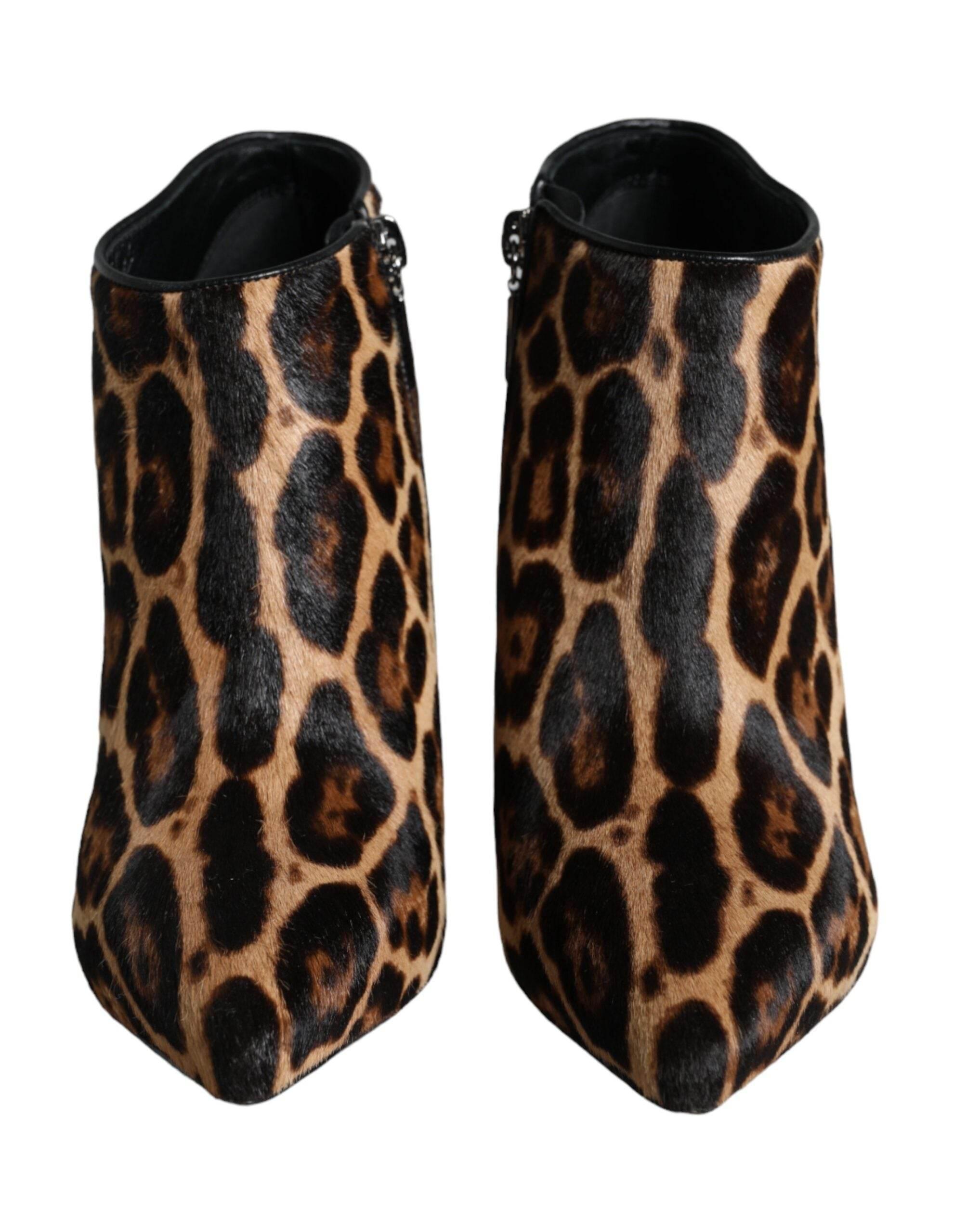 Dolce & Gabbana Brown Leopard Calf Fur Heels Ankle Boots Shoes - Hilstor