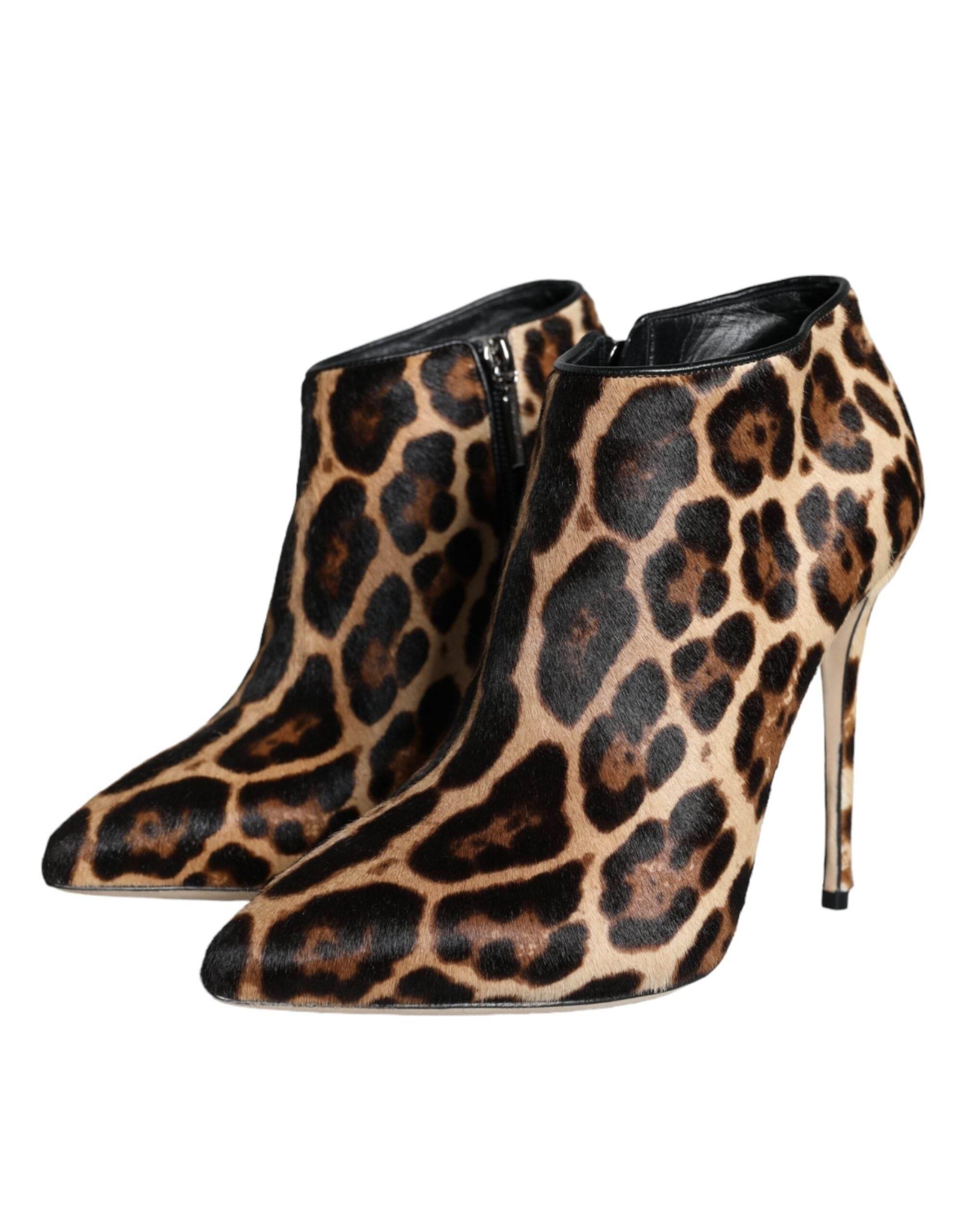 Dolce & Gabbana Brown Leopard Calf Fur Heels Ankle Boots Shoes - Hilstor
