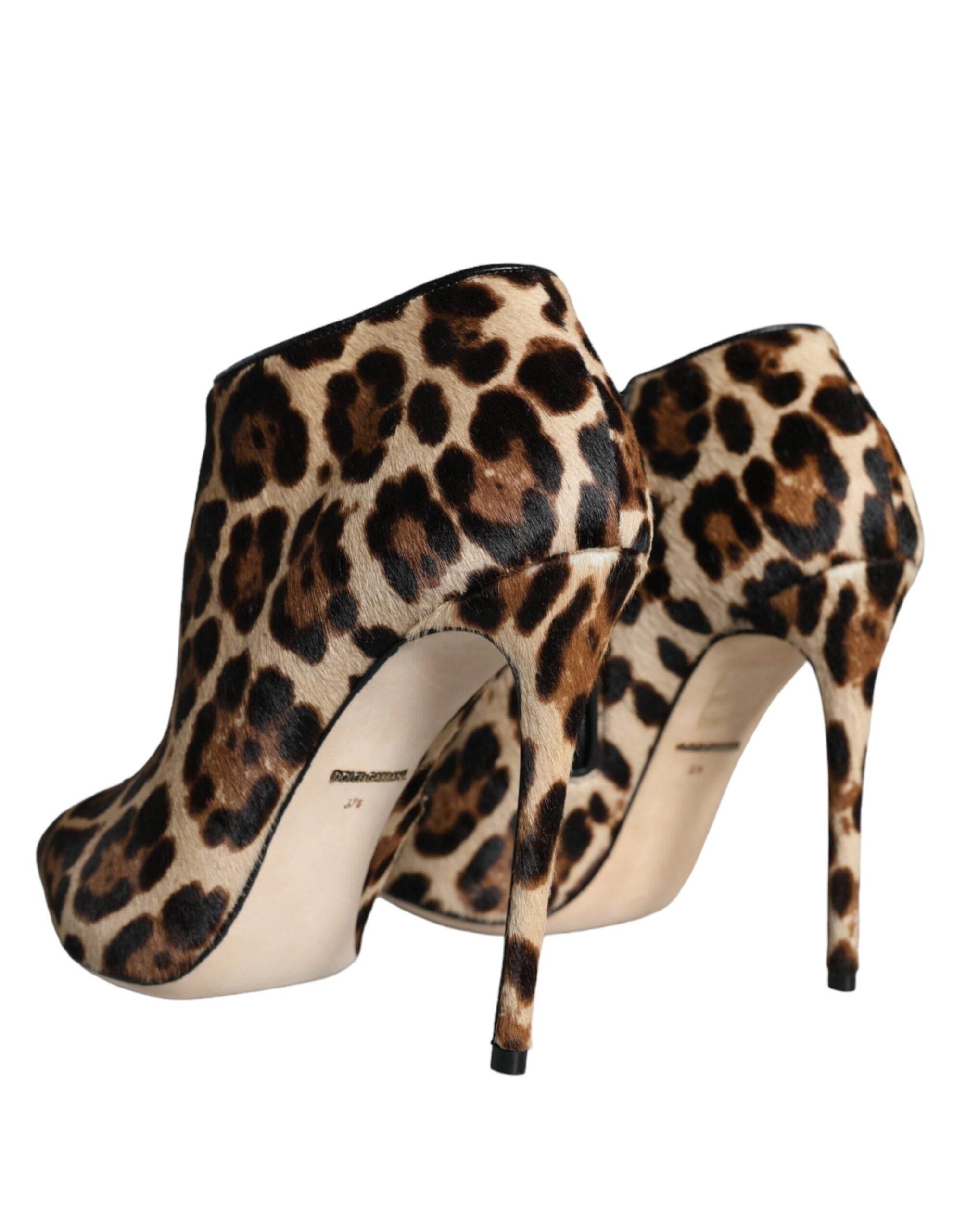Dolce & Gabbana Brown Leopard Calf Fur Heels Ankle Boots Shoes - Hilstor