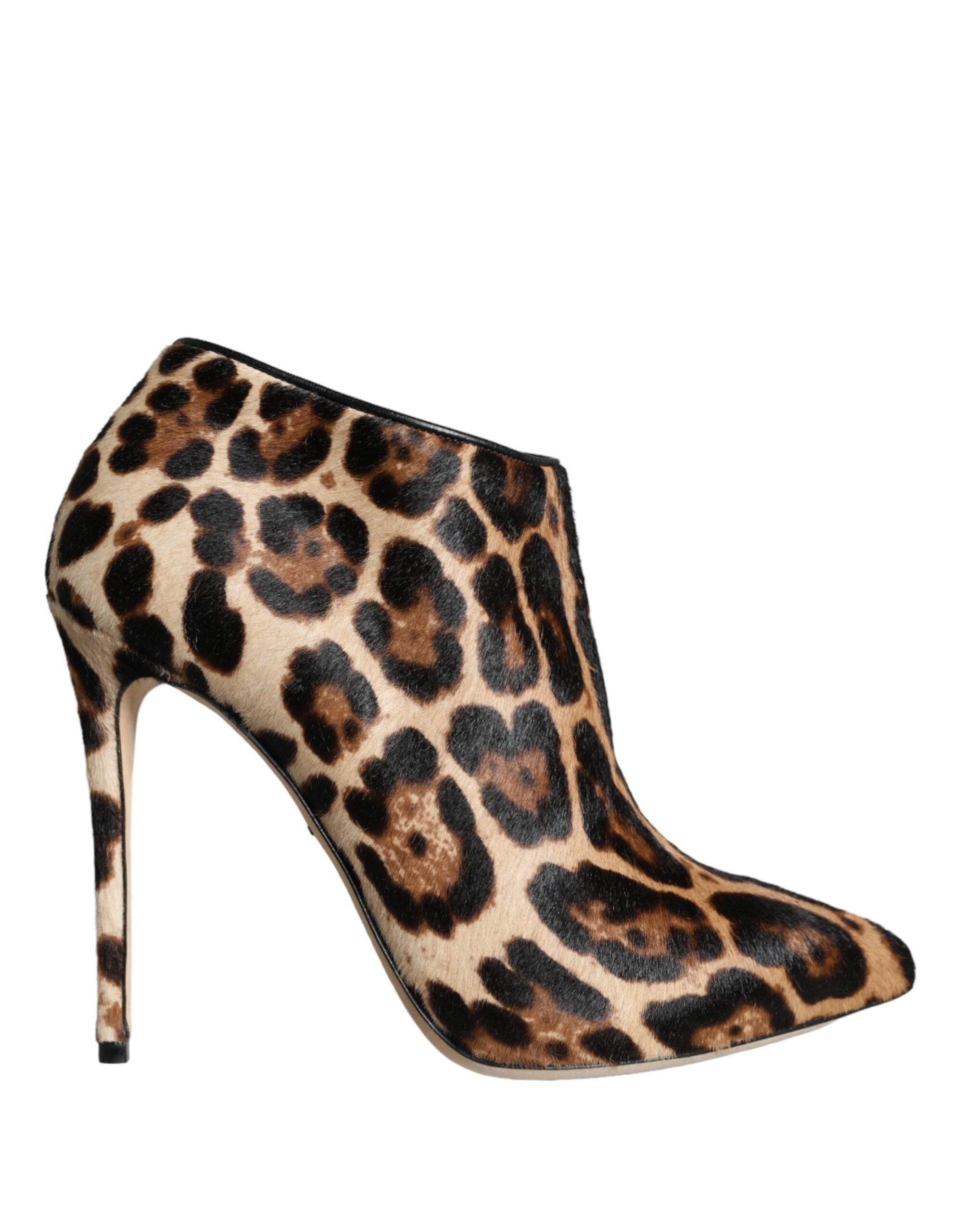 Dolce & Gabbana Brown Leopard Calf Fur Heels Ankle Boots Shoes - Hilstor