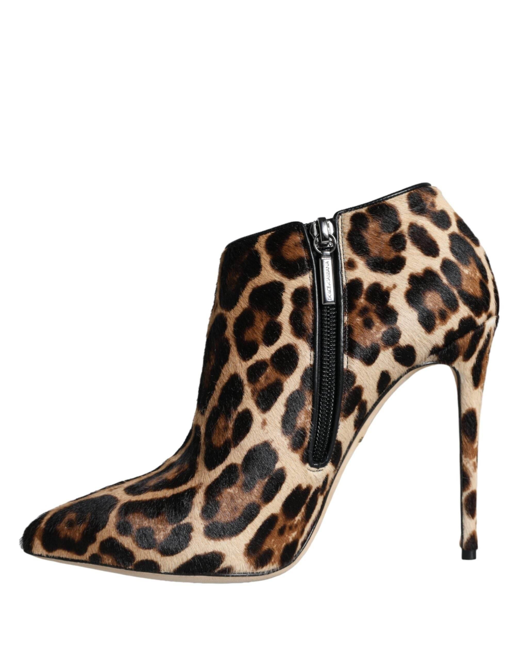 Dolce & Gabbana Brown Leopard Calf Fur Heels Ankle Boots Shoes - Hilstor
