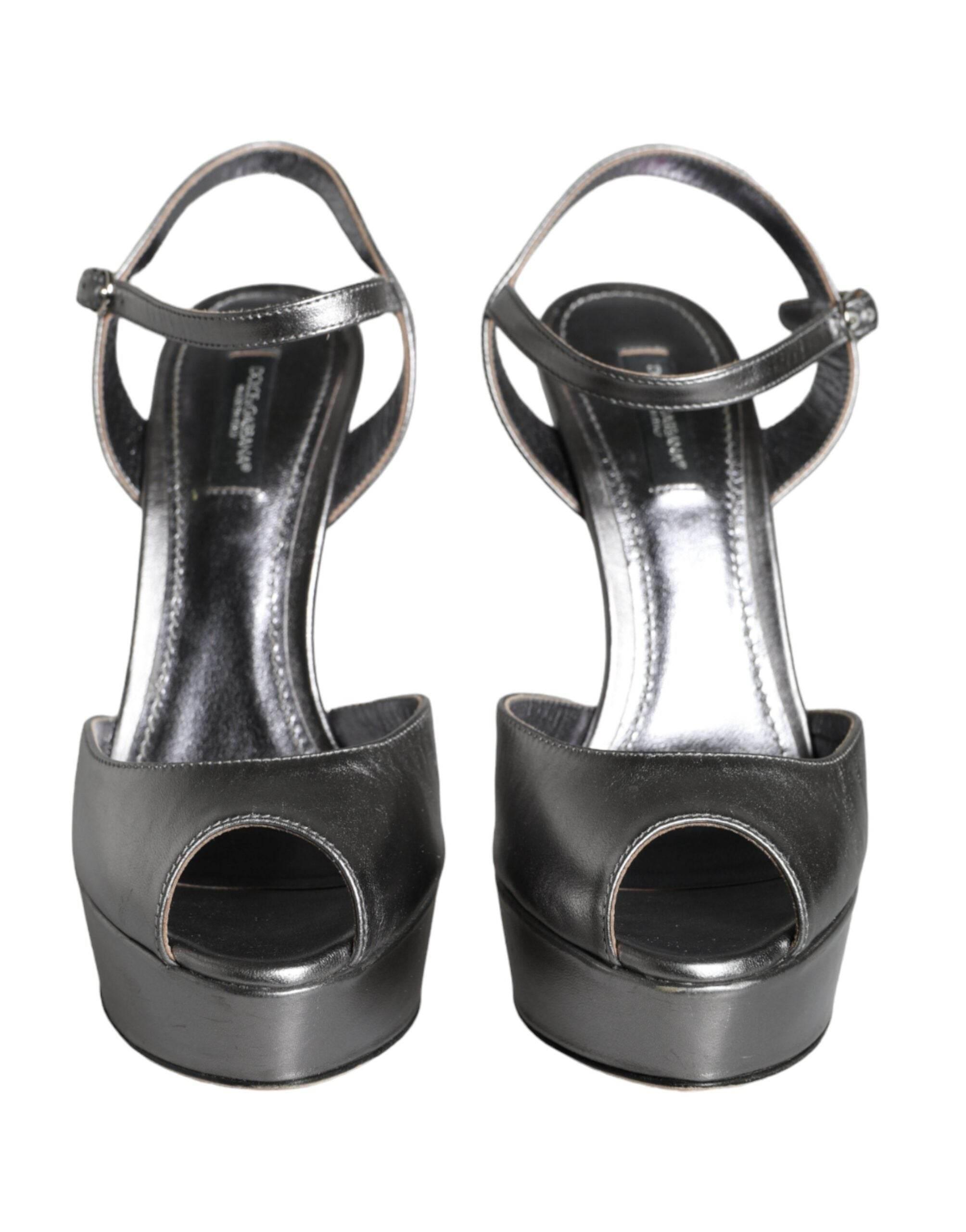 Dolce & Gabbana Metallic Silver Leather Keira Platform Sandals Shoes - Hilstor