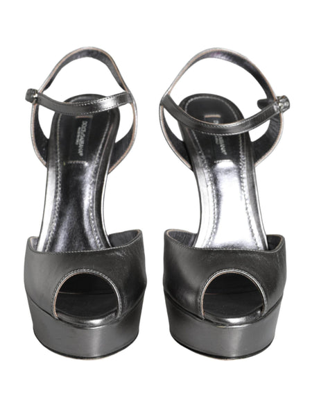 Dolce & Gabbana Metallic Silver Leather Keira Platform Sandals Shoes - Hilstor