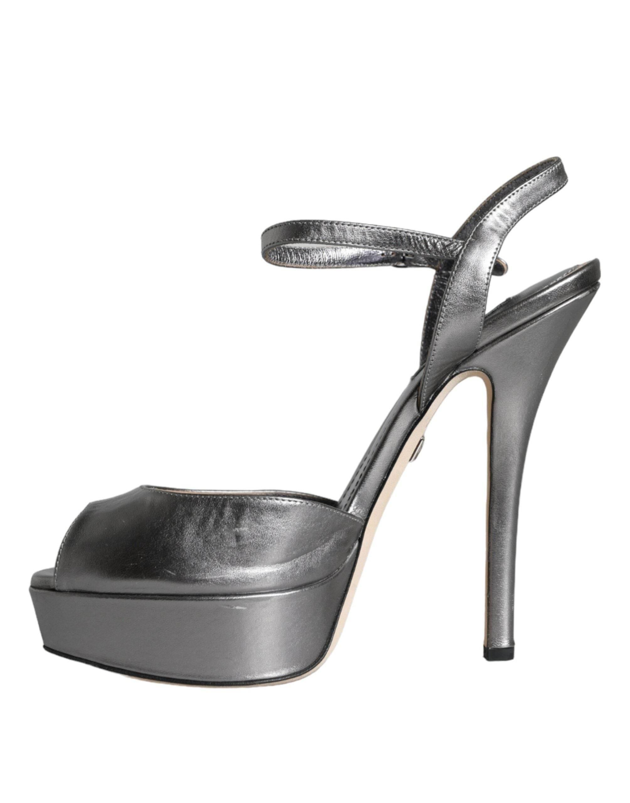 Dolce & Gabbana Metallic Silver Leather Keira Platform Sandals Shoes - Hilstor