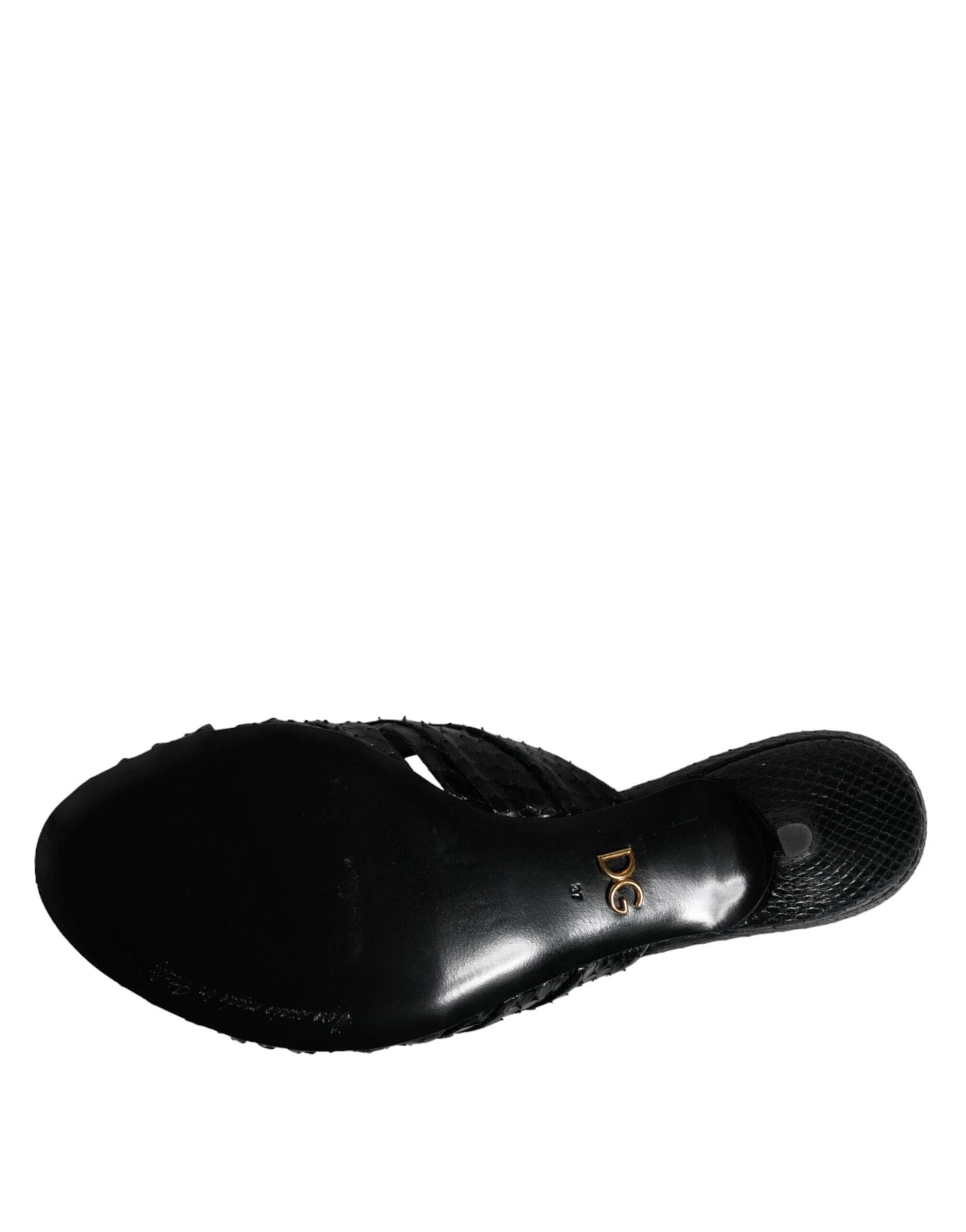 Dolce & Gabbana Black Leather Heels Slides Sandals Shoes - Hilstor