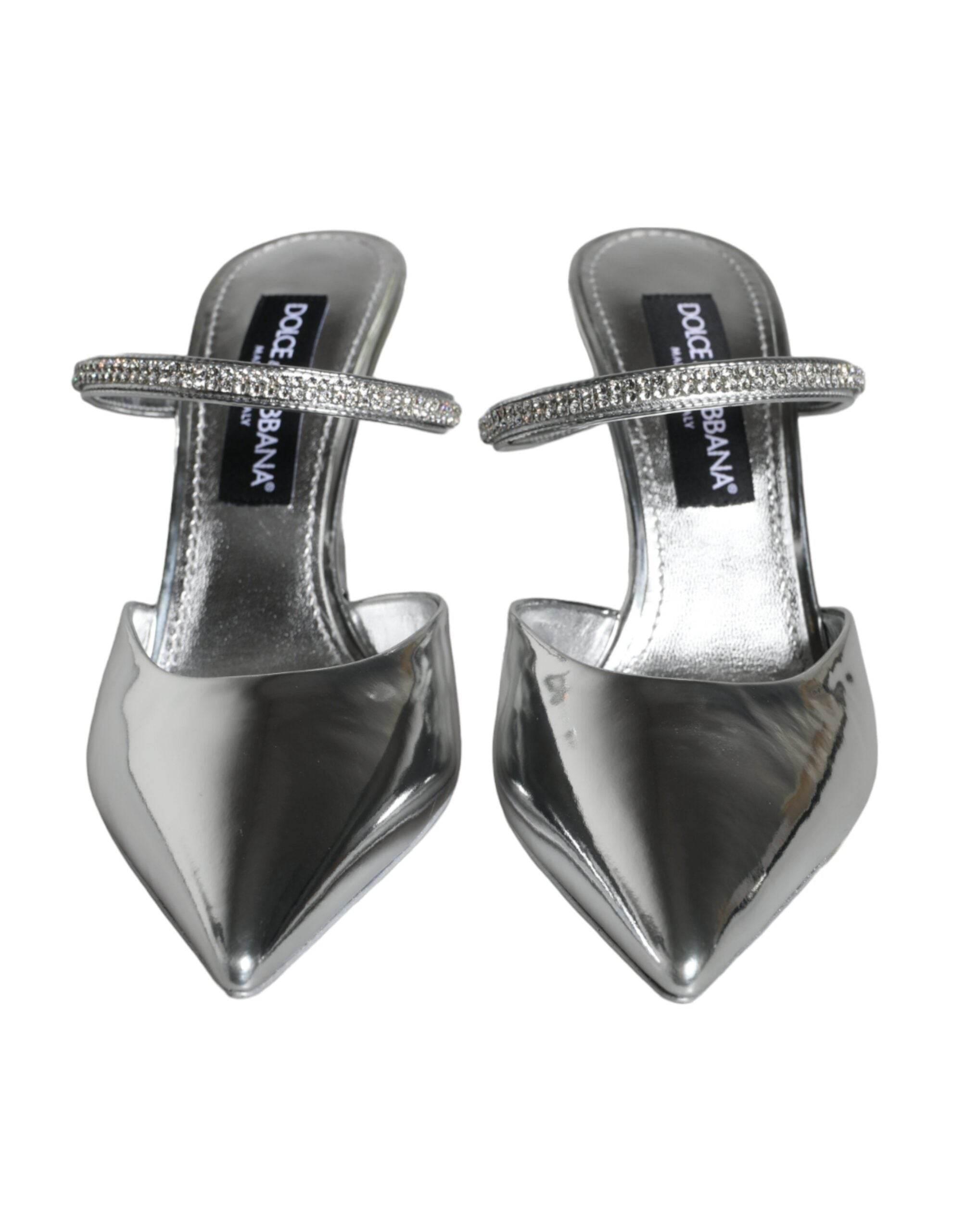 Dolce & Gabbana Silver Crystal Leather Slip On Sandals Shoes - Hilstor
