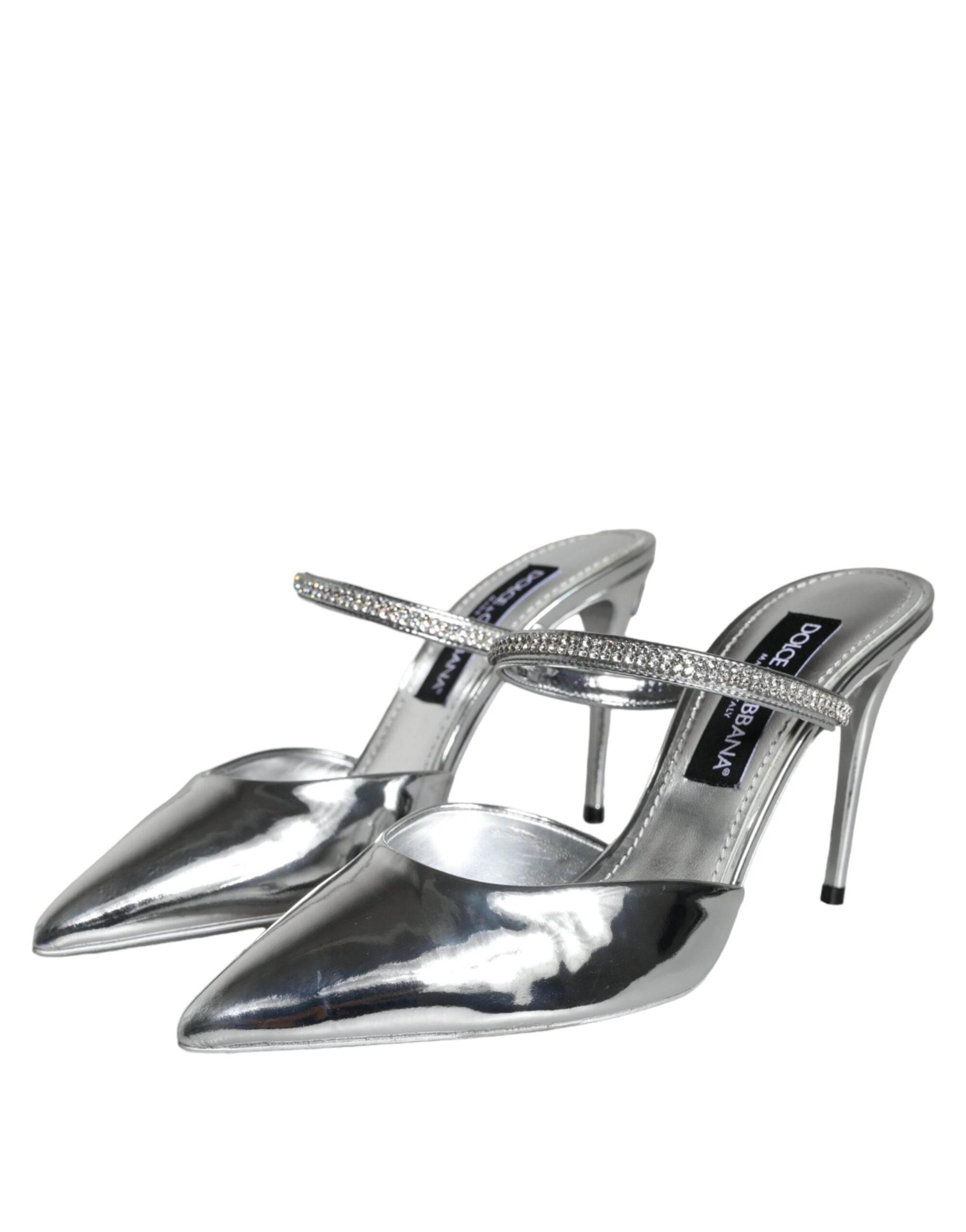 Dolce & Gabbana Silver Crystal Leather Slip On Sandals Shoes - Hilstor