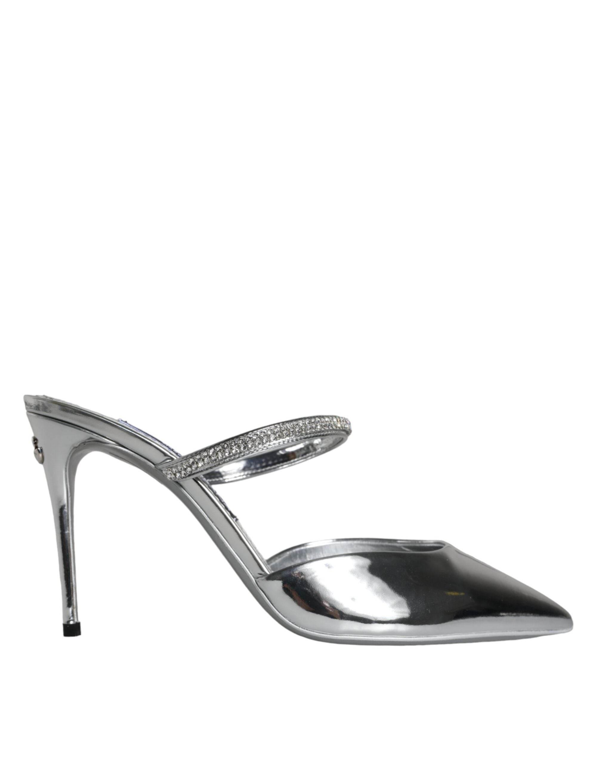 Dolce & Gabbana Silver Crystal Leather Slip On Sandals Shoes - Hilstor