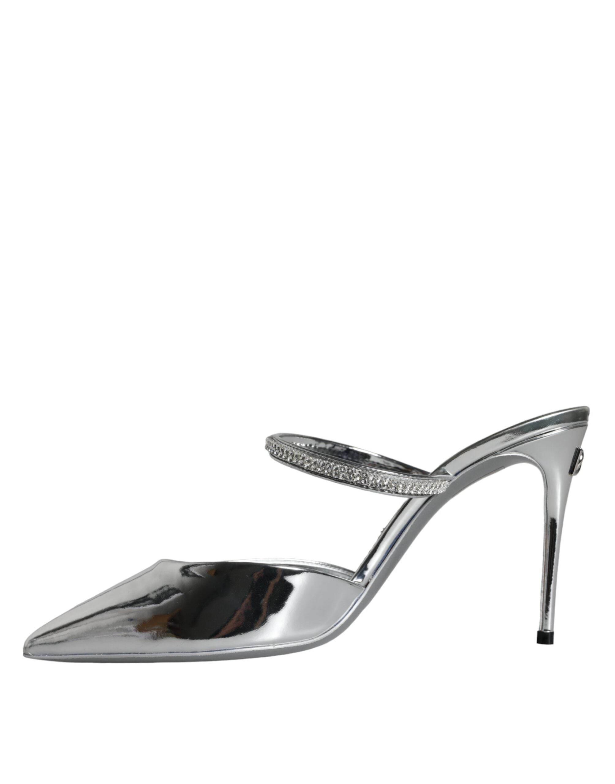 Dolce & Gabbana Silver Crystal Leather Slip On Sandals Shoes - Hilstor