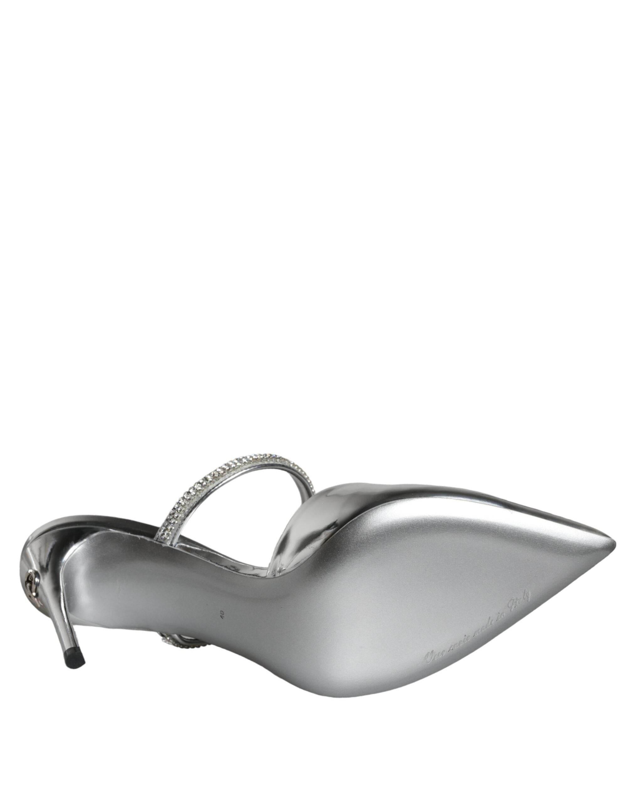 Dolce & Gabbana Silver Crystal Leather Slip On Sandals Shoes - Hilstor