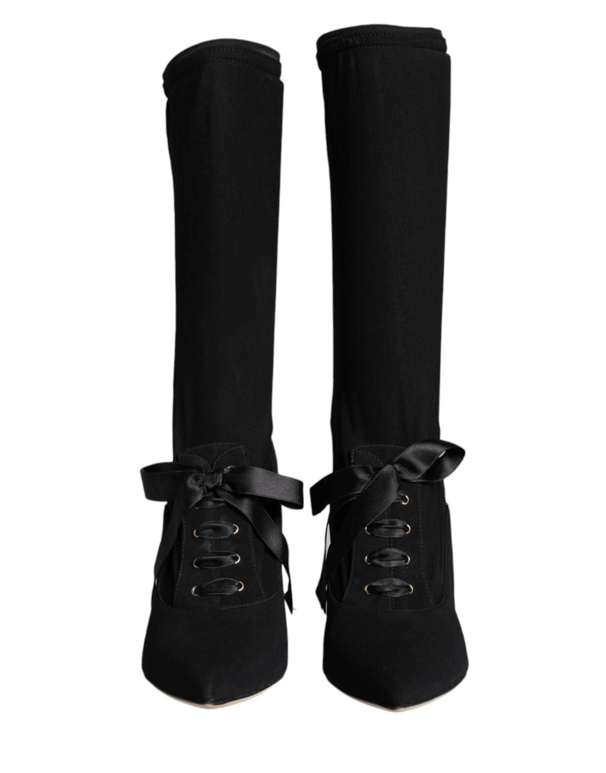 Dolce & Gabbana Black Stiletto Heels Mid Calf Boots Shoes - Hilstor