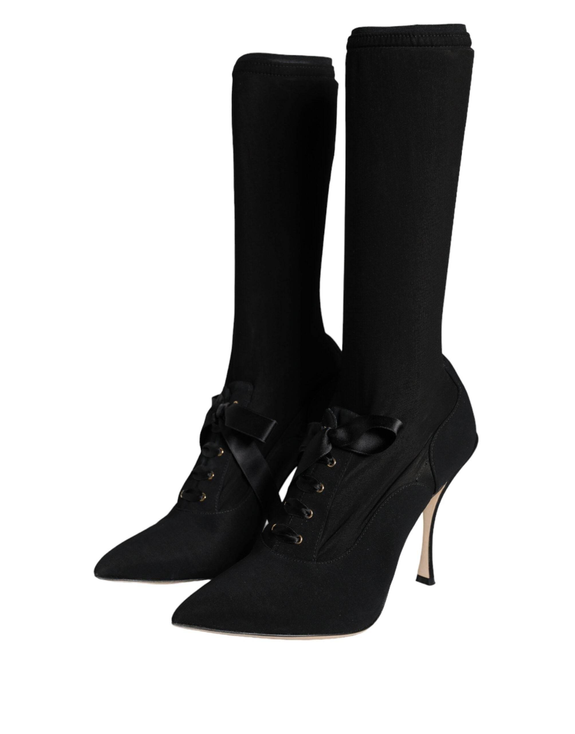 Dolce & Gabbana Black Stiletto Heels Mid Calf Boots Shoes - Hilstor
