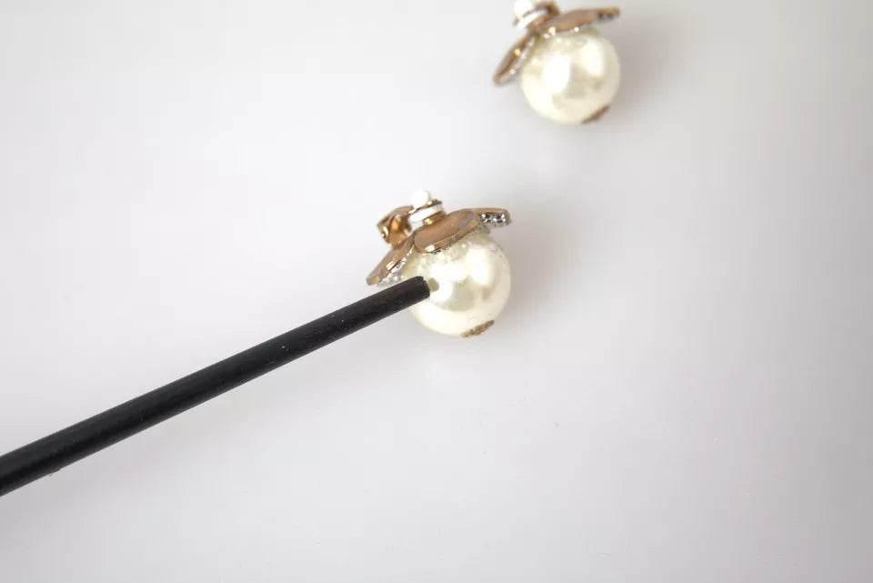 Dolce & Gabbana Gold Tone Maxi Faux Pearl Floral Clip-on Jewelry Earrings - Hilstor