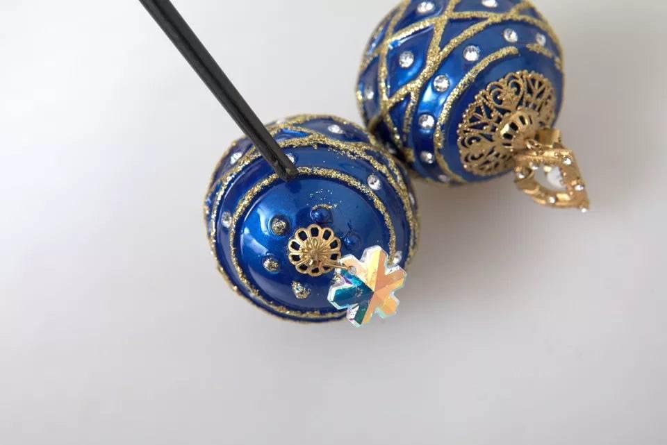 Dolce & Gabbana Gold Brass Blue Dangle Christmas Ball Crystal Clip On Earrings - Hilstor