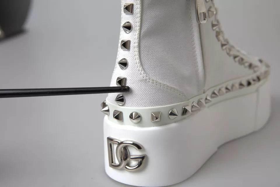 Dolce & Gabbana White Canvas Studded Sneakers Boots Shoes - Hilstor