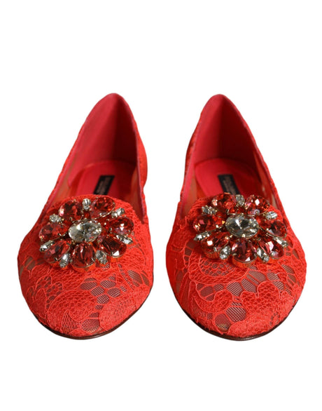 Dolce & Gabbana Coral Lace Crystal Ballet Flats Loafers Shoes - Hilstor