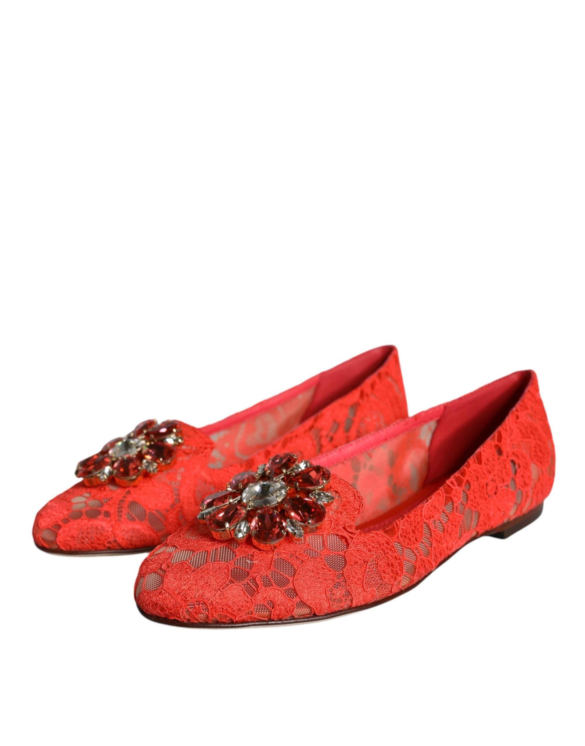 Dolce & Gabbana Coral Lace Crystal Ballet Flats Loafers Shoes - Hilstor
