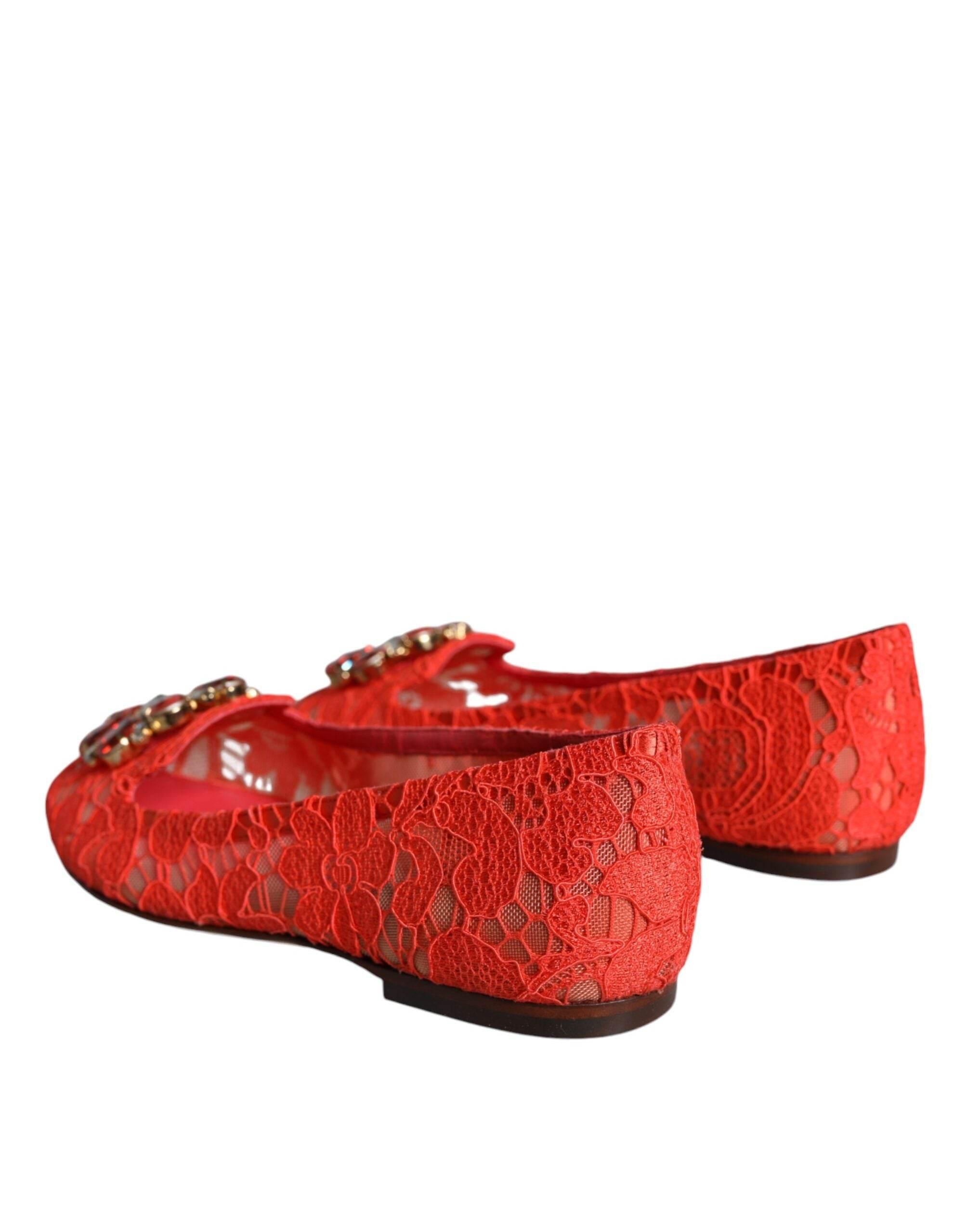 Dolce & Gabbana Coral Lace Crystal Ballet Flats Loafers Shoes - Hilstor