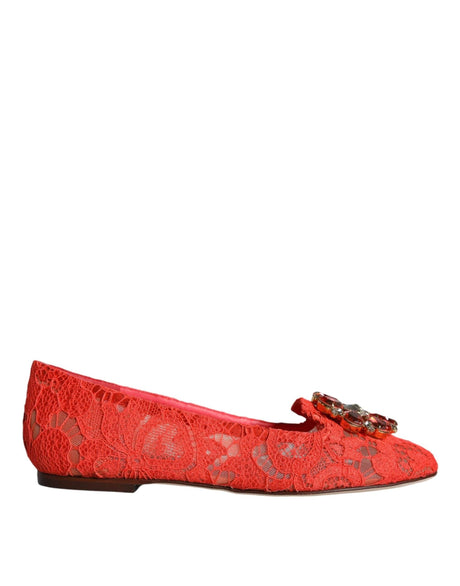 Dolce & Gabbana Coral Lace Crystal Ballet Flats Loafers Shoes - Hilstor