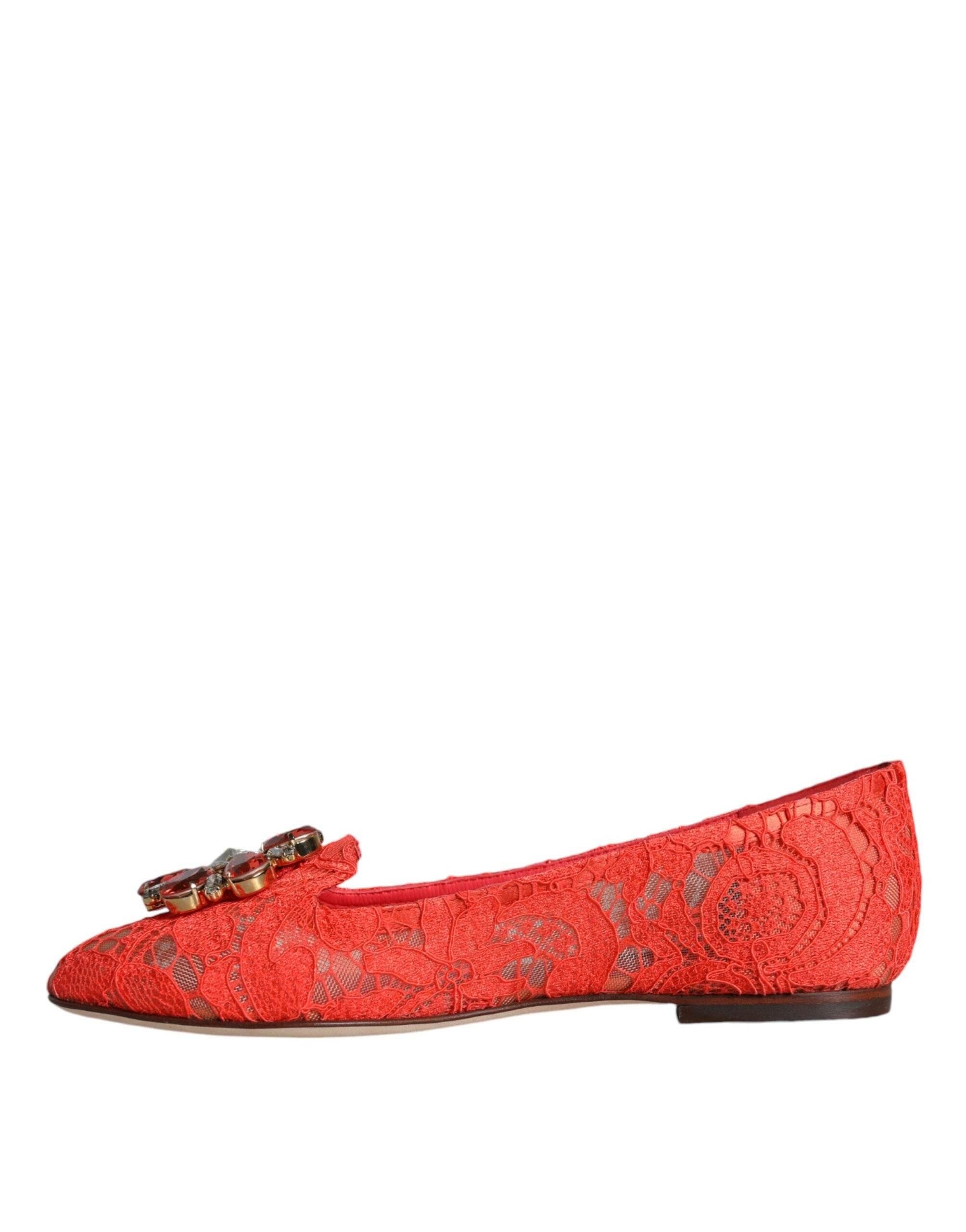 Dolce & Gabbana Coral Lace Crystal Ballet Flats Loafers Shoes - Hilstor