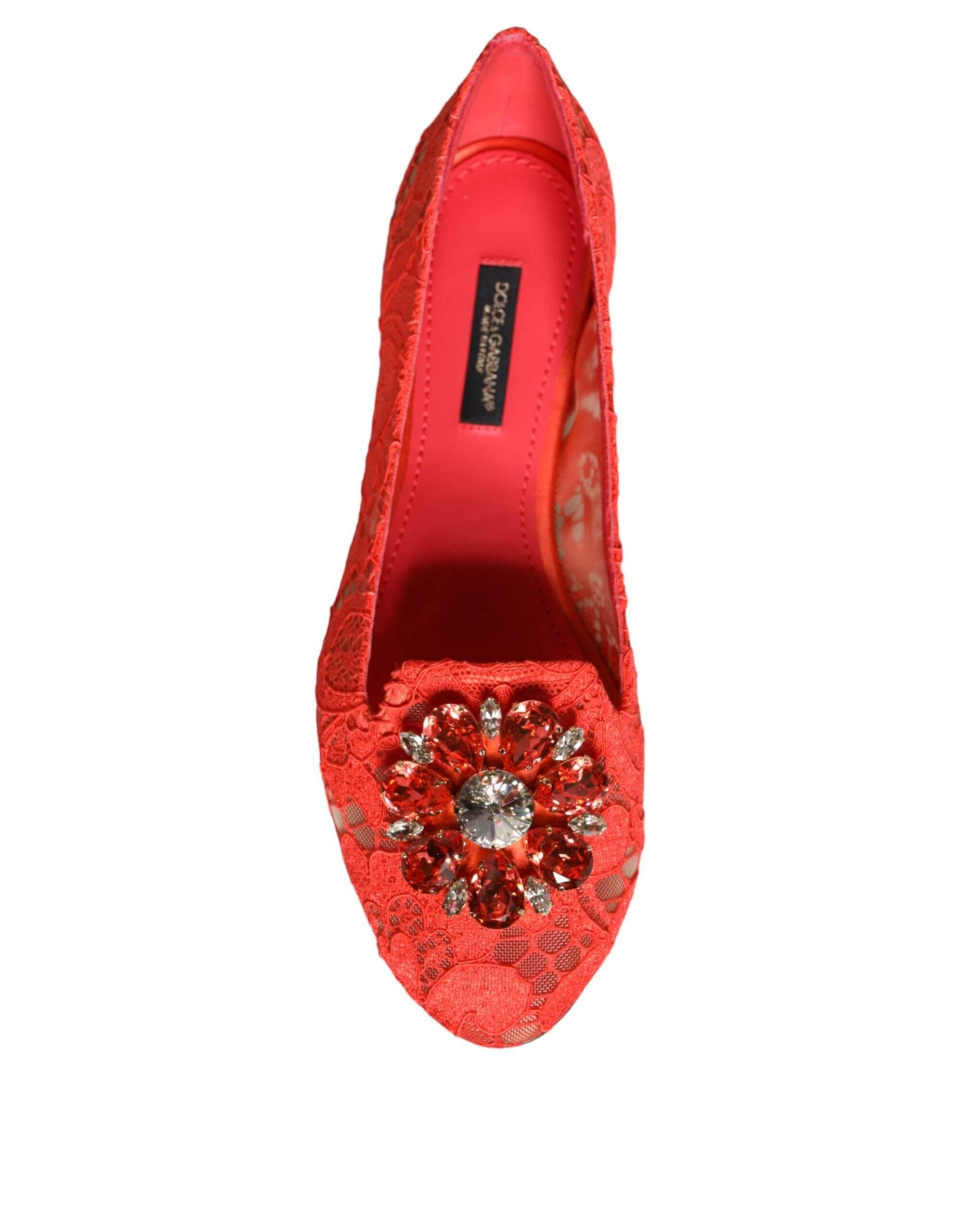 Dolce & Gabbana Coral Lace Crystal Ballet Flats Loafers Shoes - Hilstor