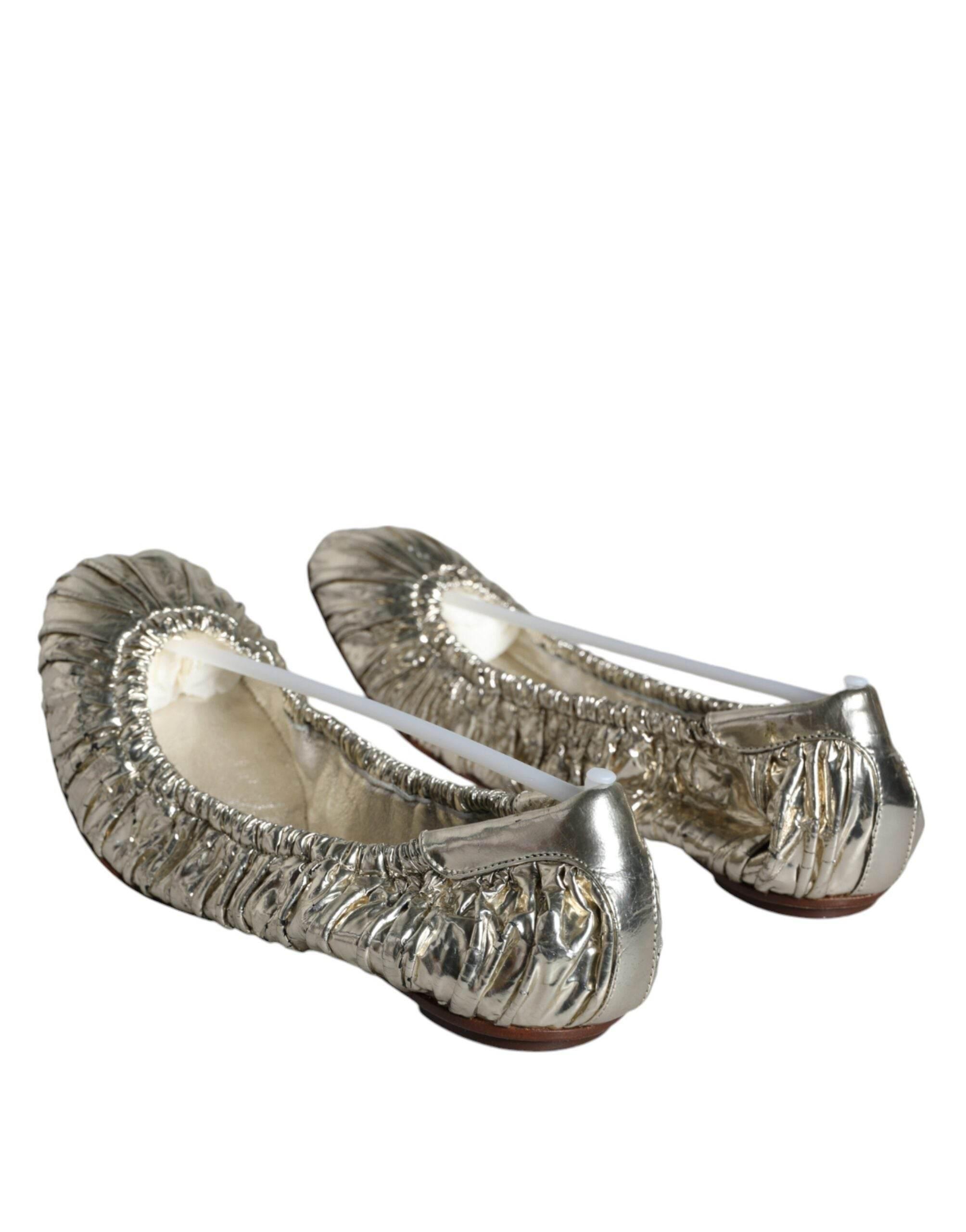 Dolce & Gabbana Silver Patent Leather Scrunch Ballet Flats Shoes - Hilstor